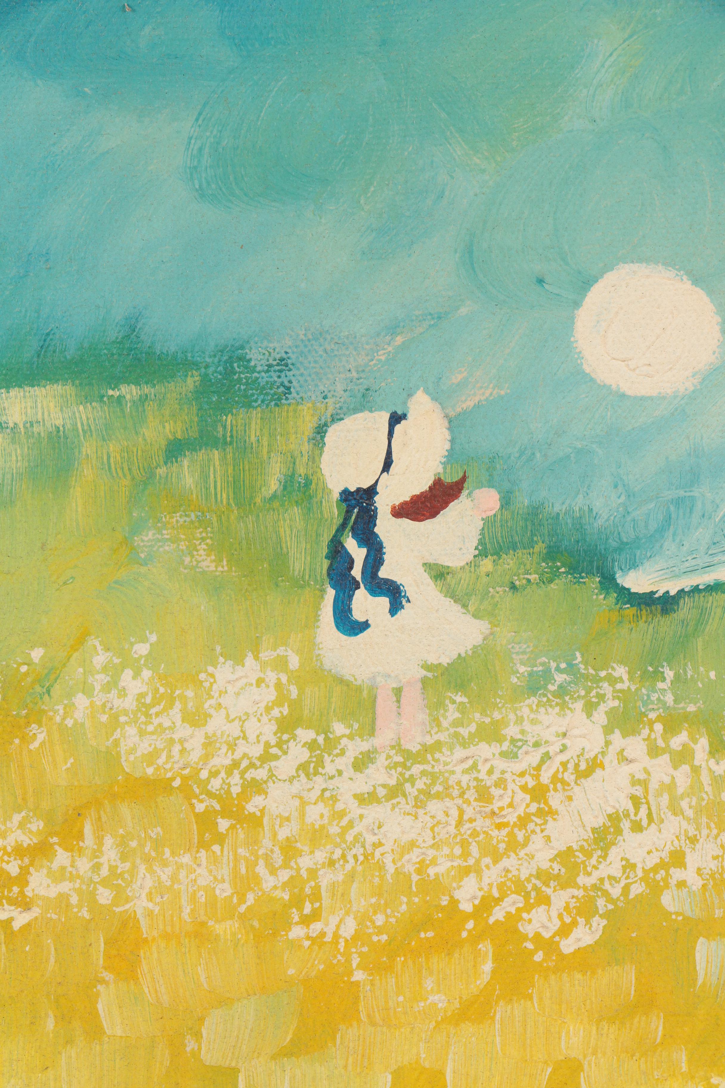 Farron Late 20th Century Oil Painting of Girl Standing in a Golden Field