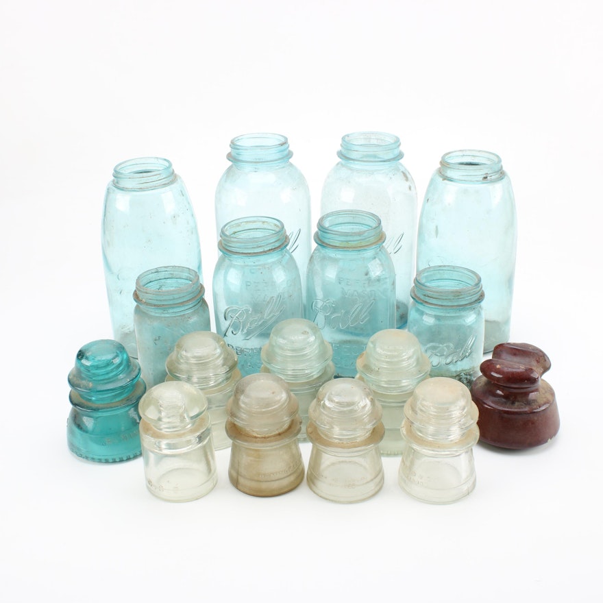 Vintage Blue Glass Mason Jars and Insulators