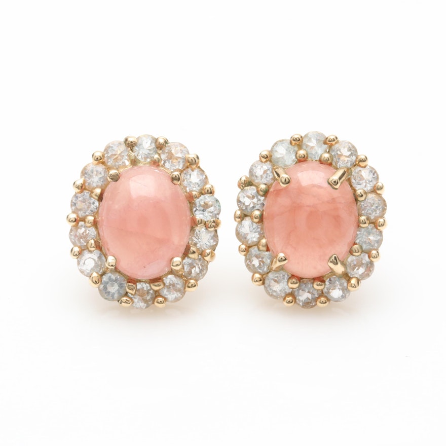 10K Yellow Gold Single Crystal Rhodochrosite and White Topaz Earrings