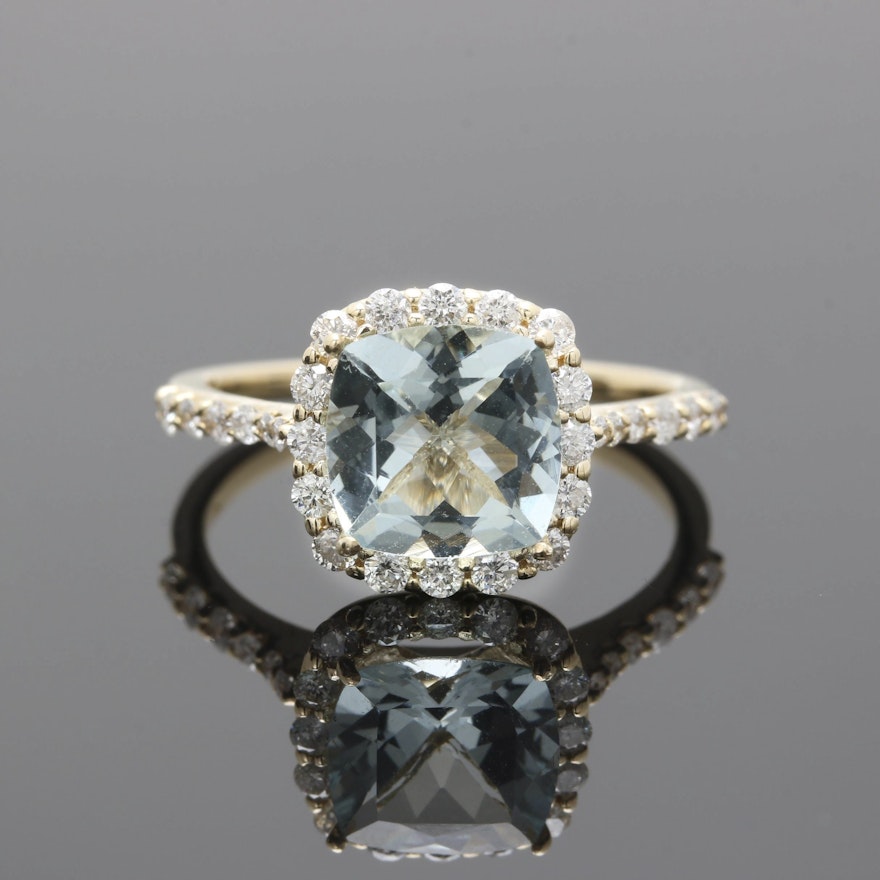 14K Yellow Gold Aquamarine and Diamond Ring