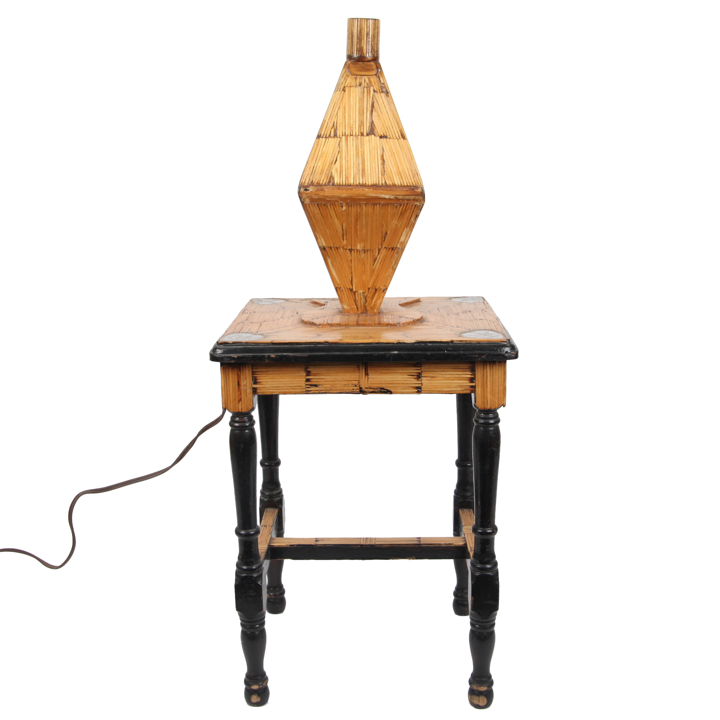 Vintage Handcrafted Wood Matchstick Table Lamp with Table