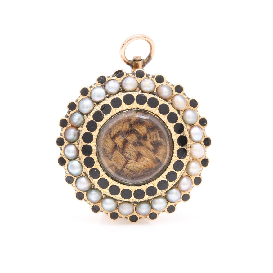 14K Yellow Gold Seed Pearl and Enamel Mourning Pendant