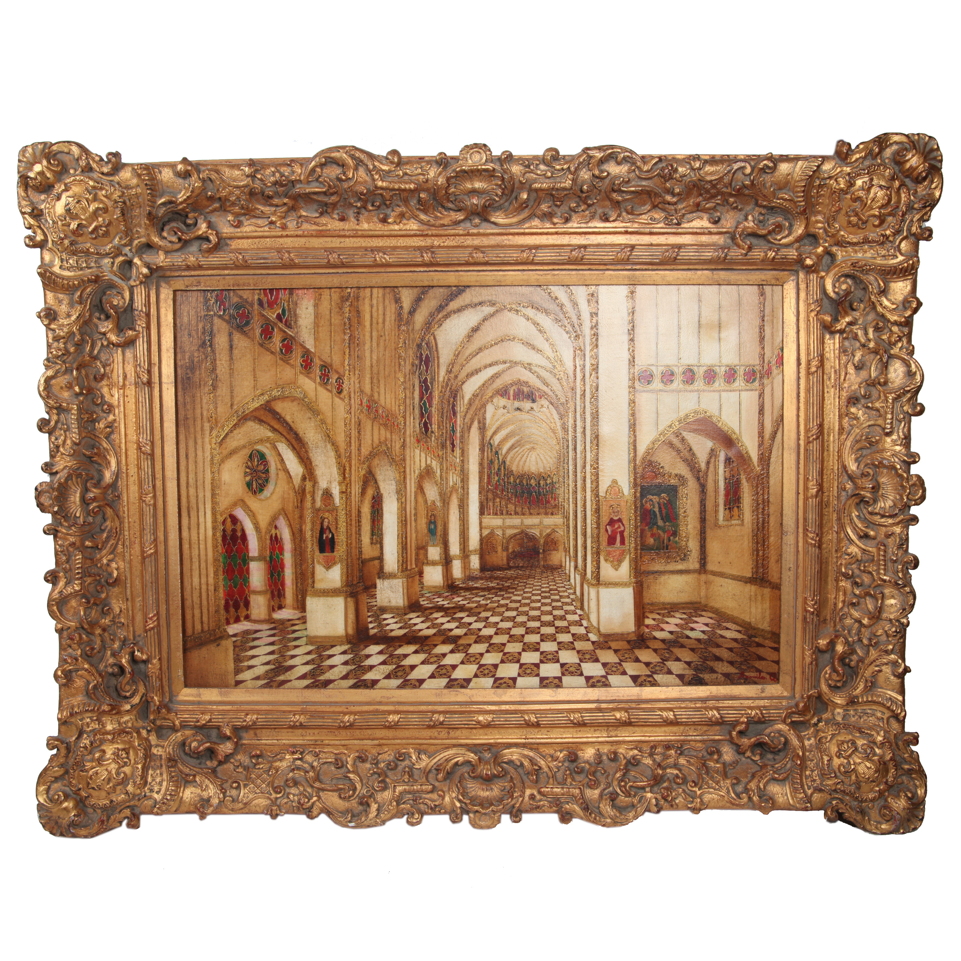 Gamiled A. Mixed Media Painting of European Cathedral Interior