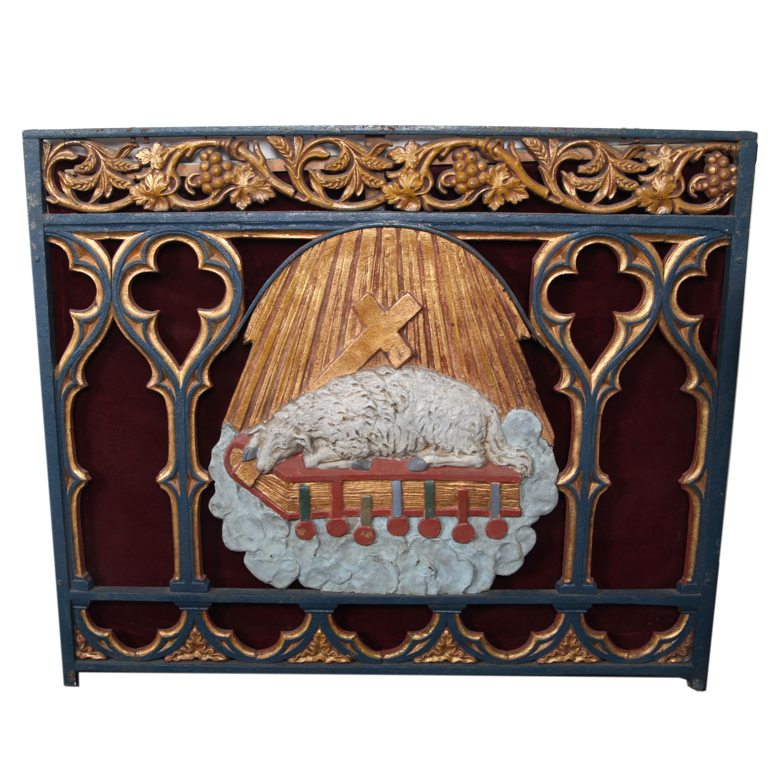 Painted Cast Metal Christian Motif Panel With Velvet Backing