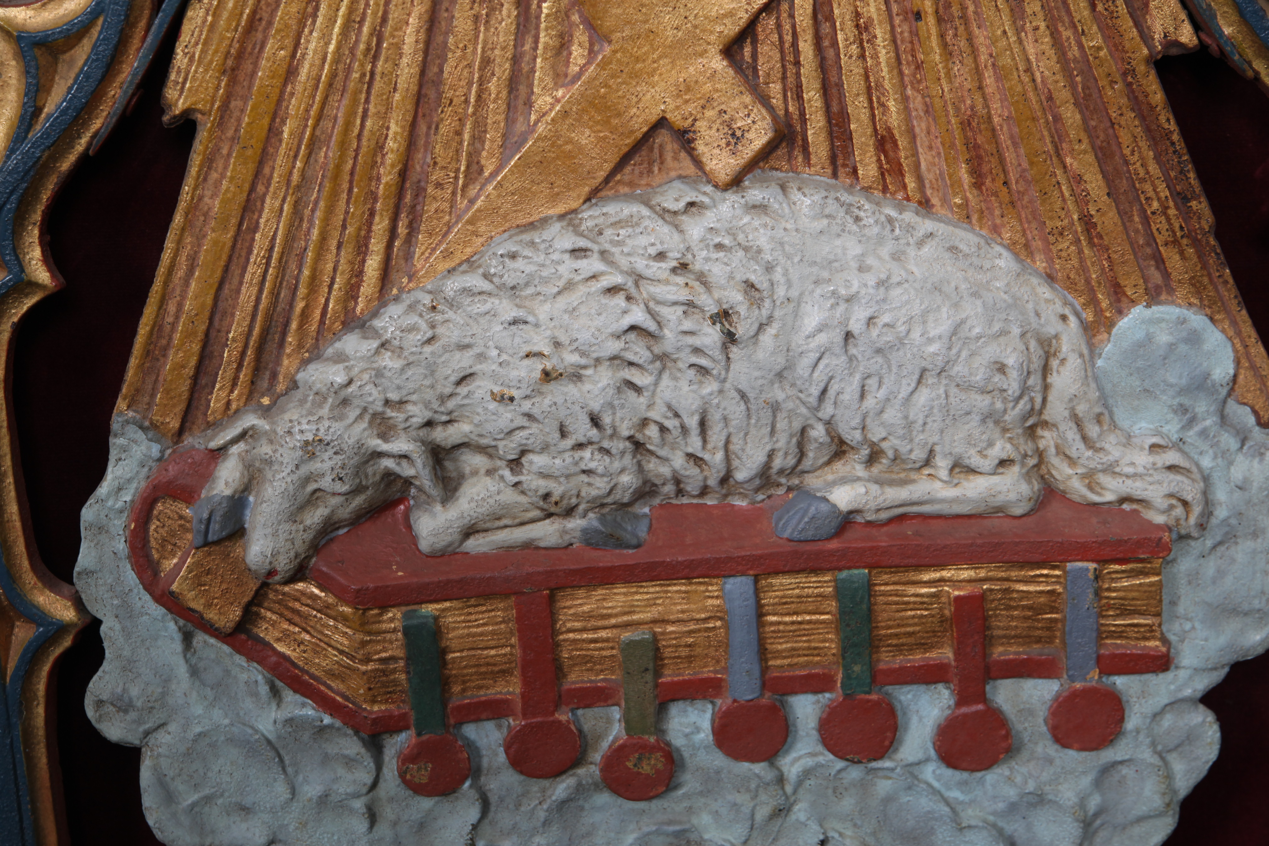 Painted Cast Metal Christian Motif Panel With Velvet Backing