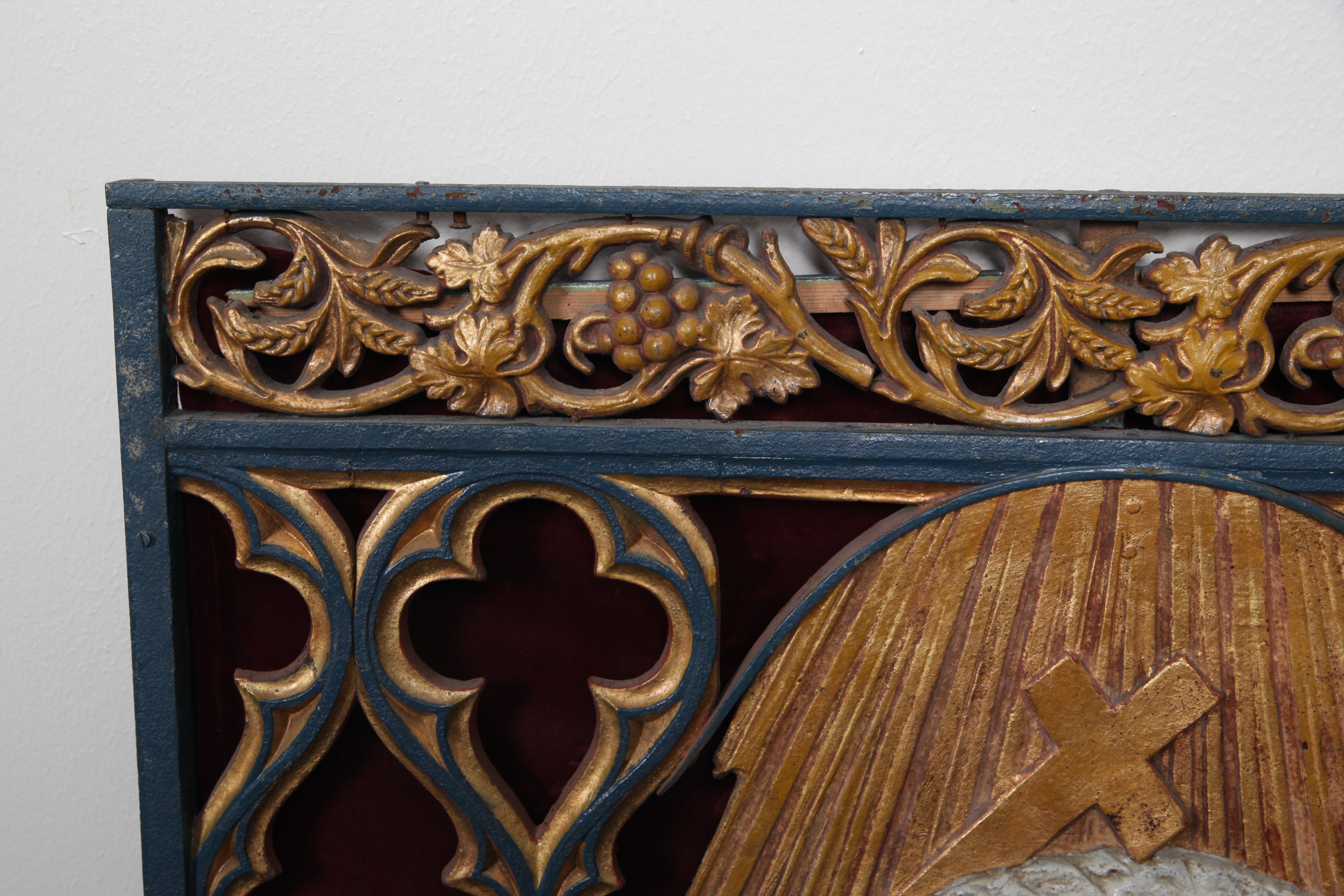 Painted Cast Metal Christian Motif Panel With Velvet Backing