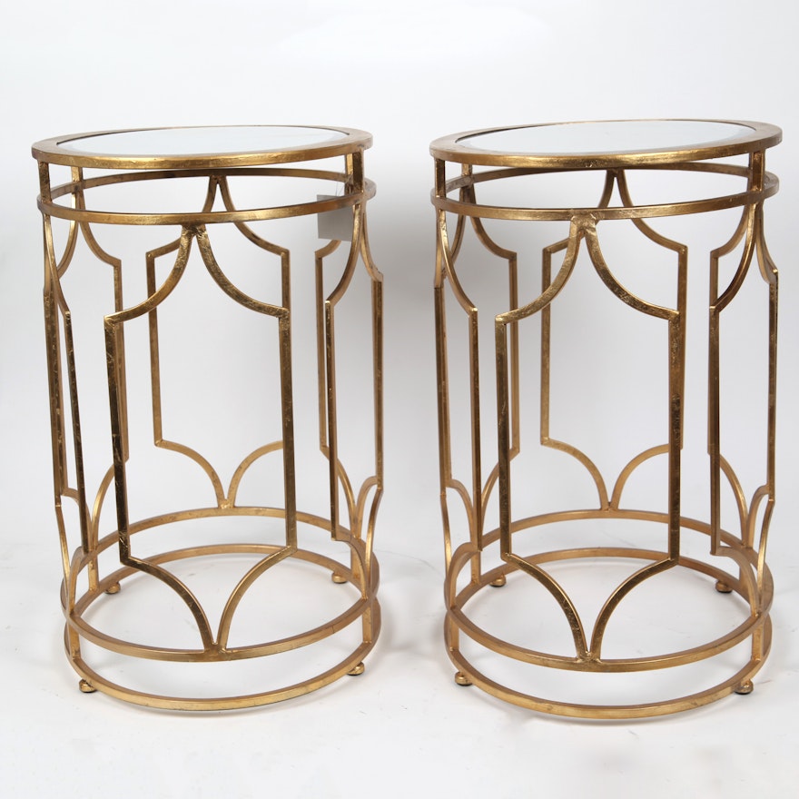 Pair of Metal Drum Tables with Glass Tops