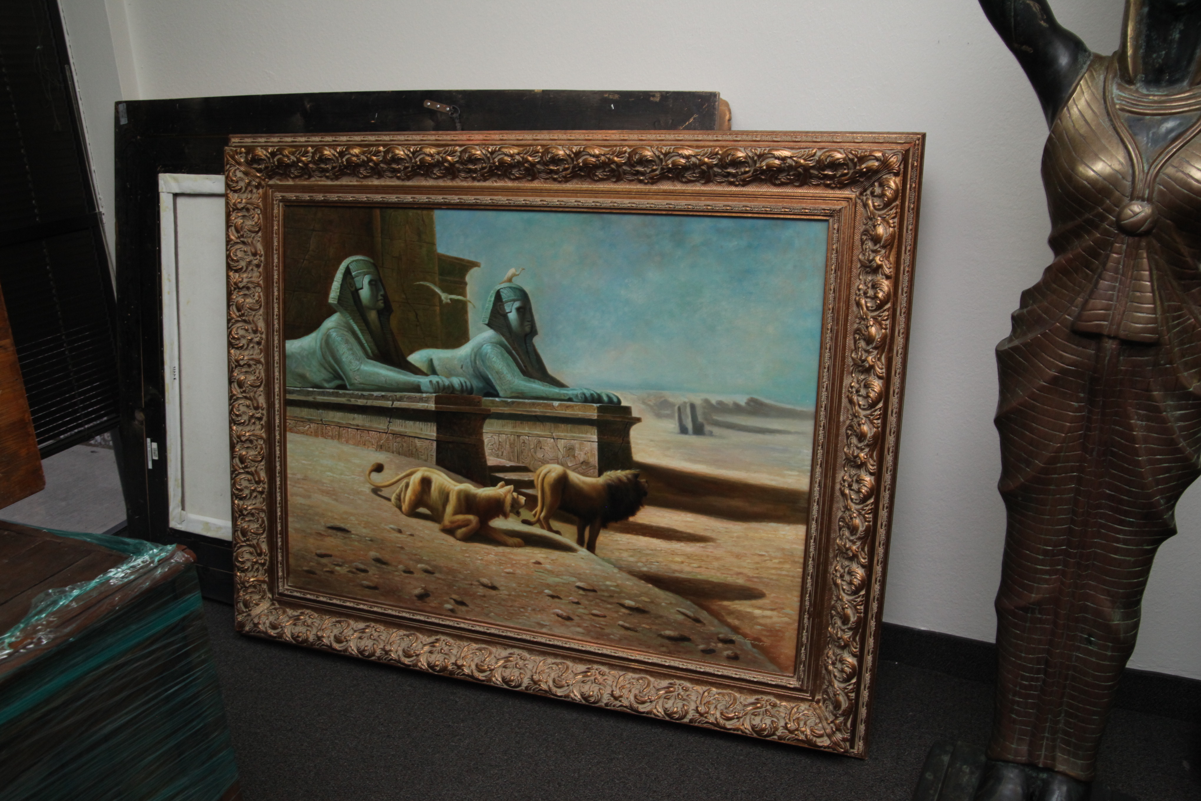 R. Grant Oil Painting of Egyptian Desert Landscape with Sphinxes and Lions