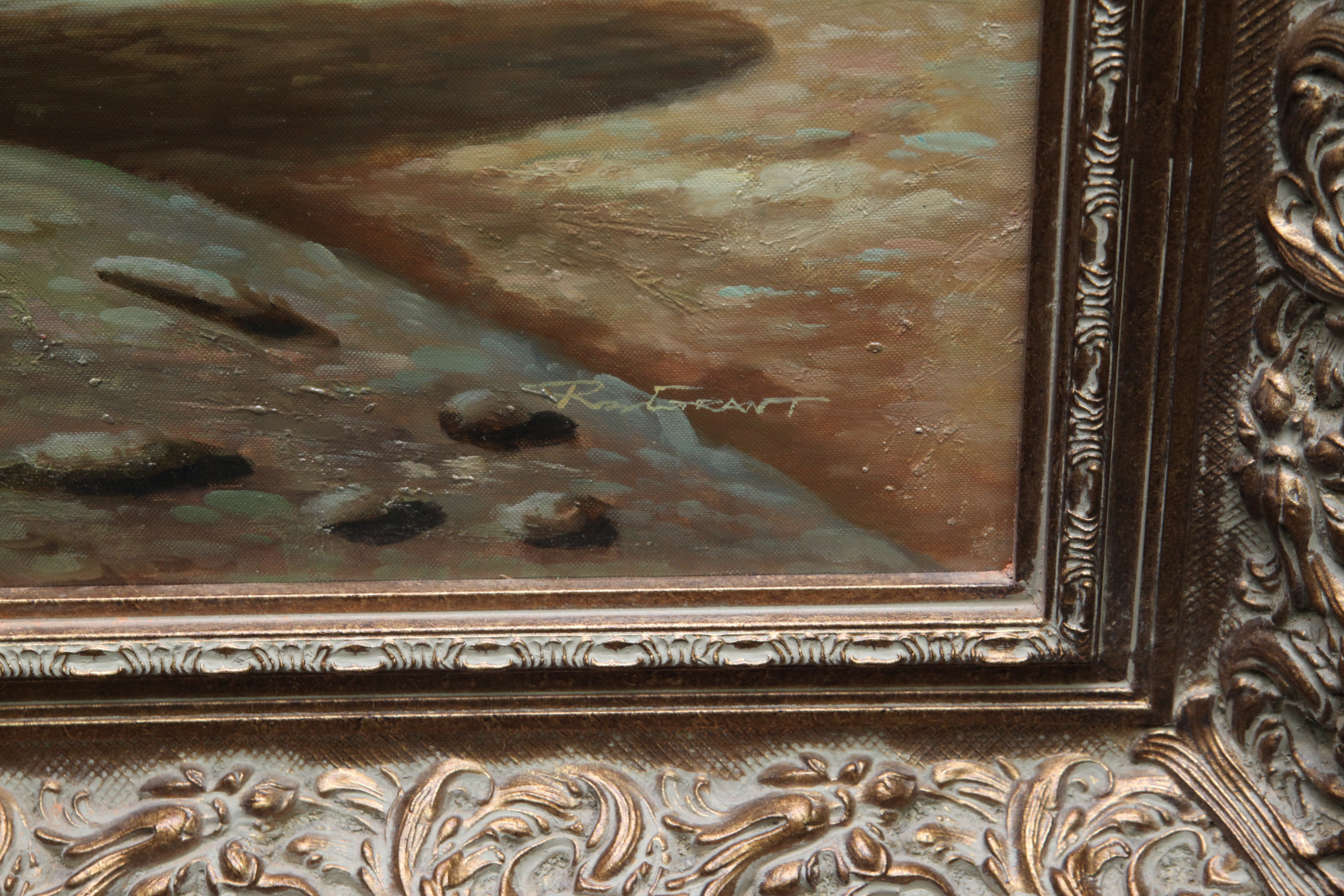 R. Grant Oil Painting of Egyptian Desert Landscape with Sphinxes and Lions