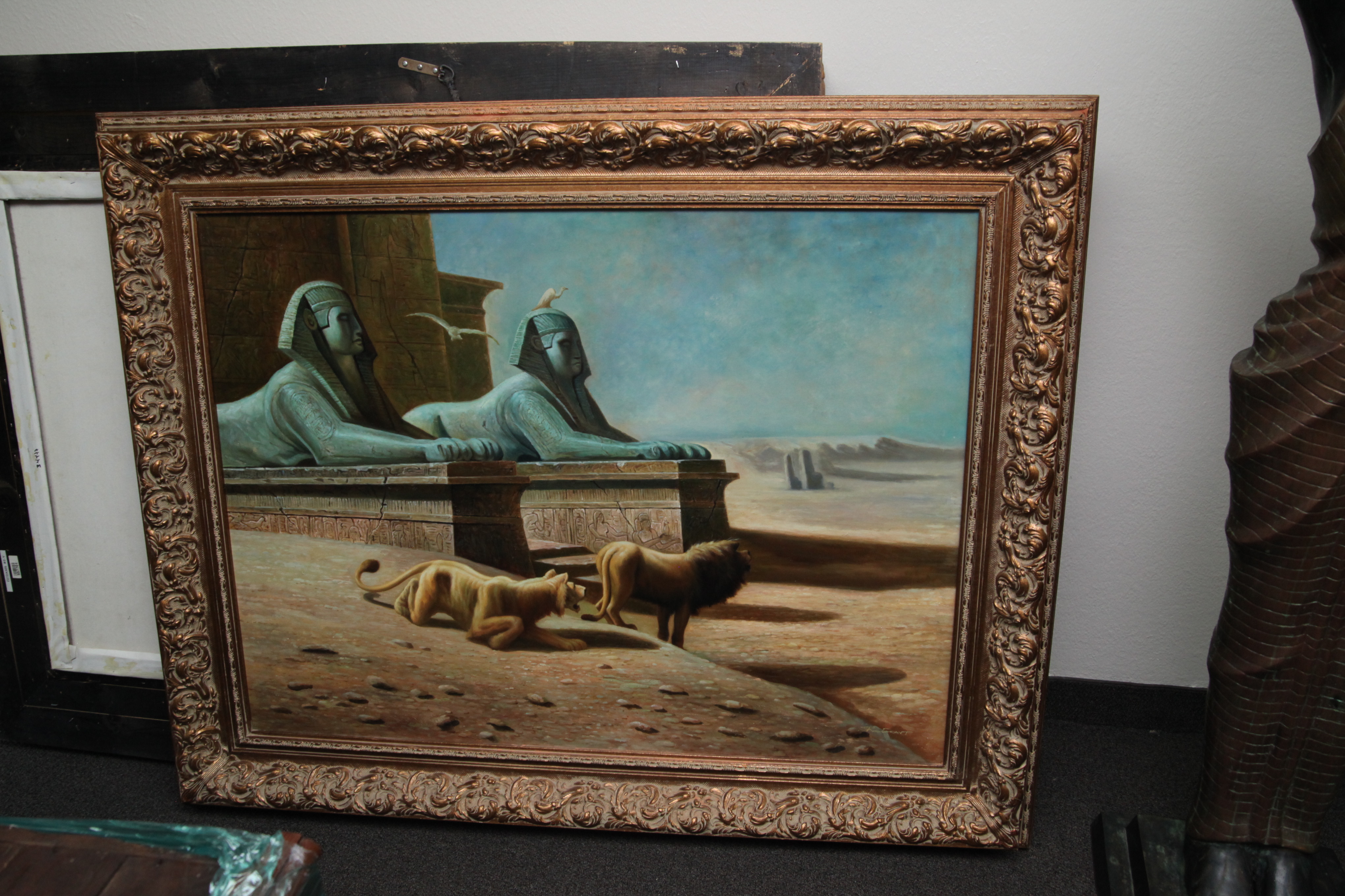 R. Grant Oil Painting of Egyptian Desert Landscape with Sphinxes and Lions