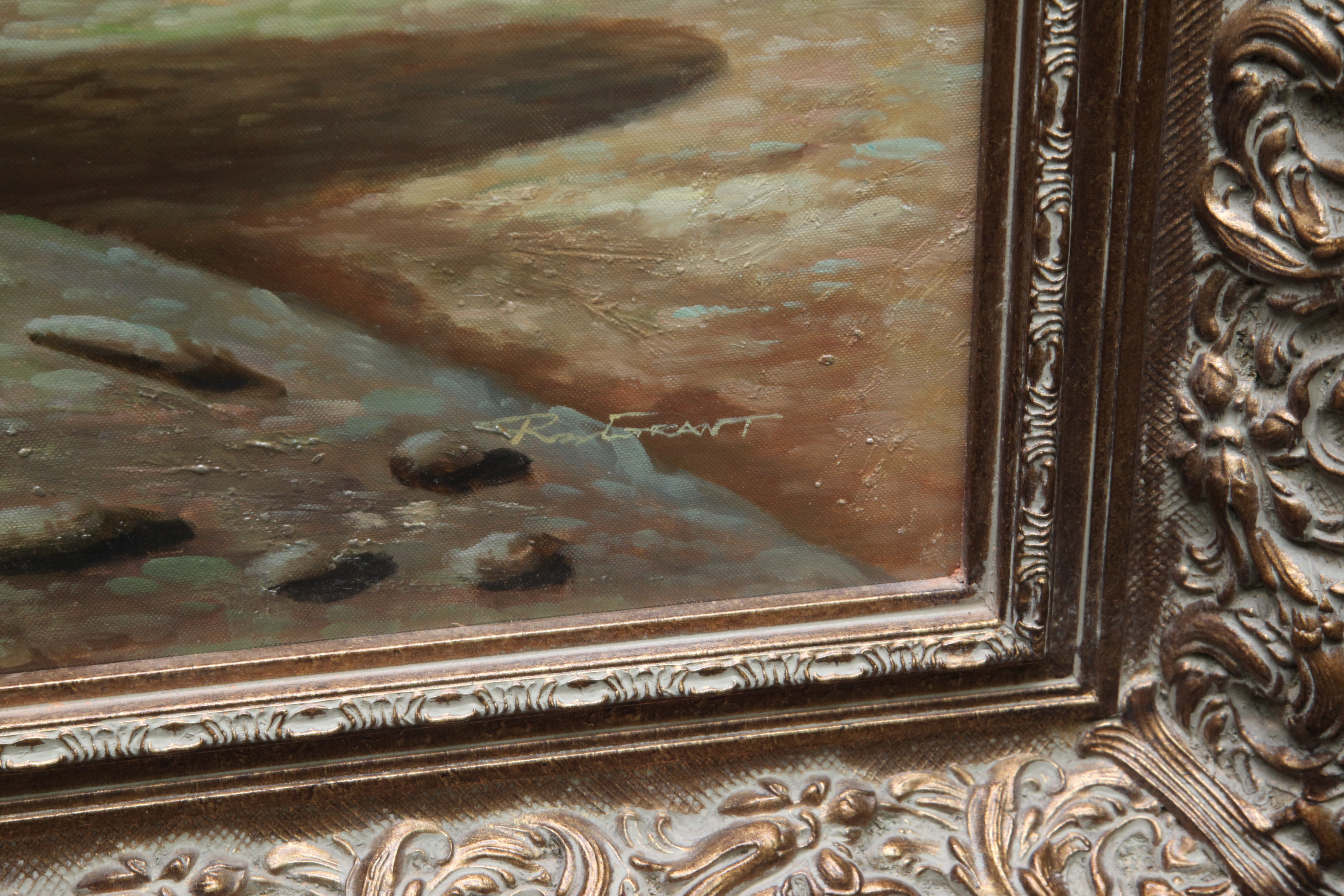 R. Grant Oil Painting of Egyptian Desert Landscape with Sphinxes and Lions