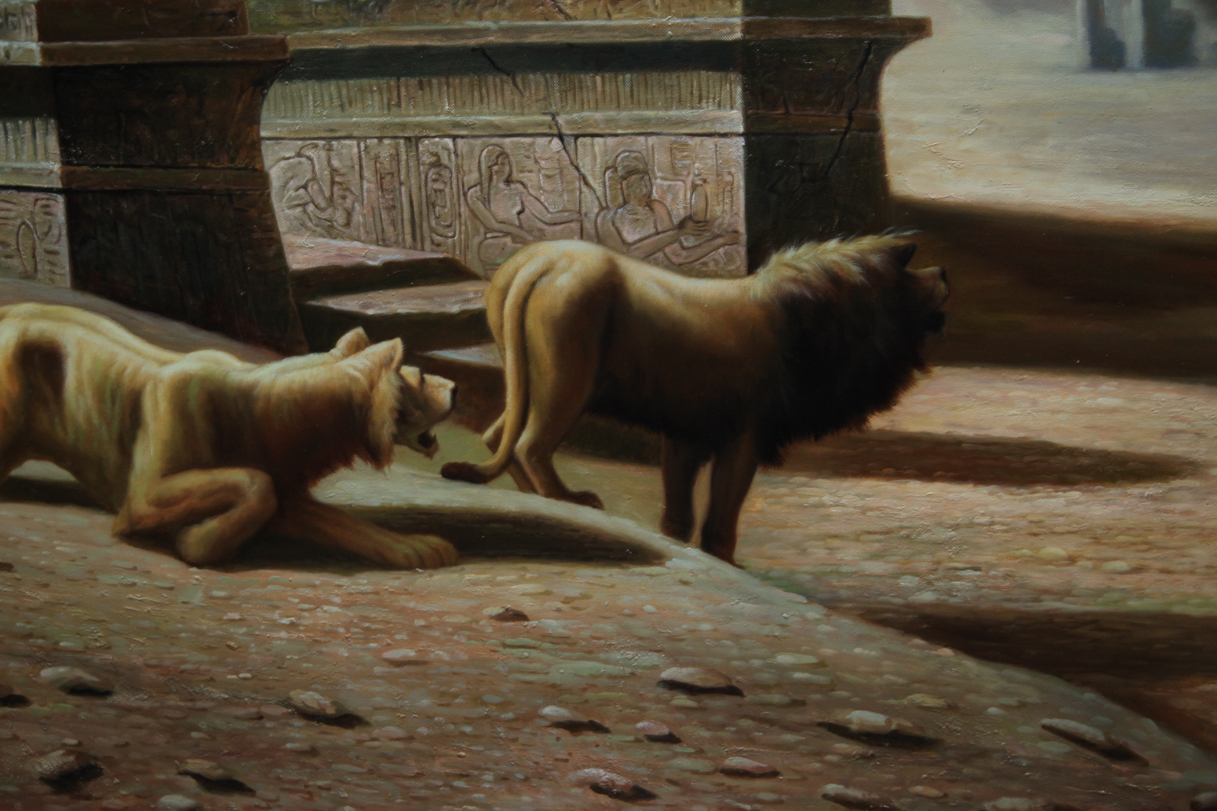 R. Grant Oil Painting of Egyptian Desert Landscape with Sphinxes and Lions