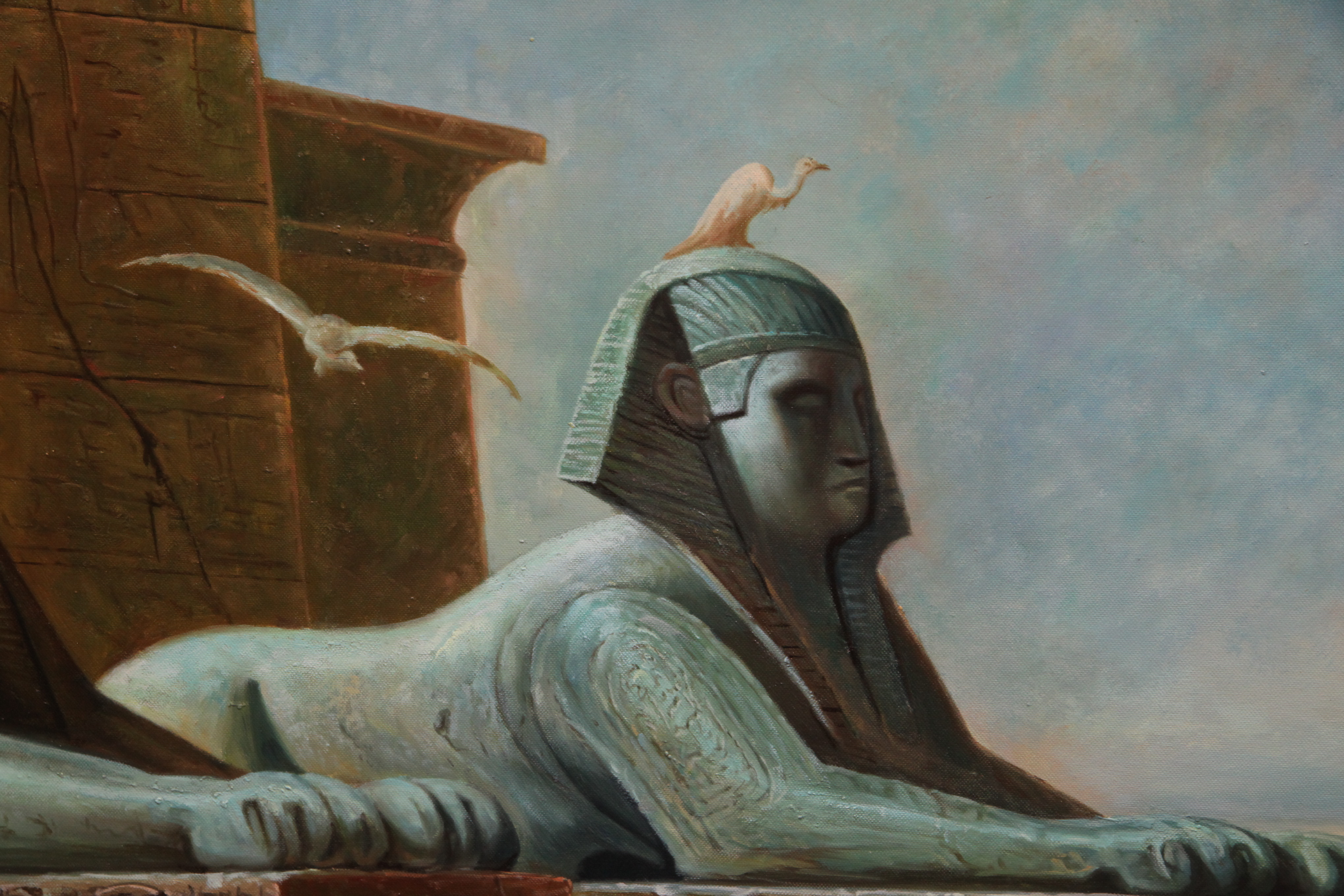 R. Grant Oil Painting of Egyptian Desert Landscape with Sphinxes and Lions