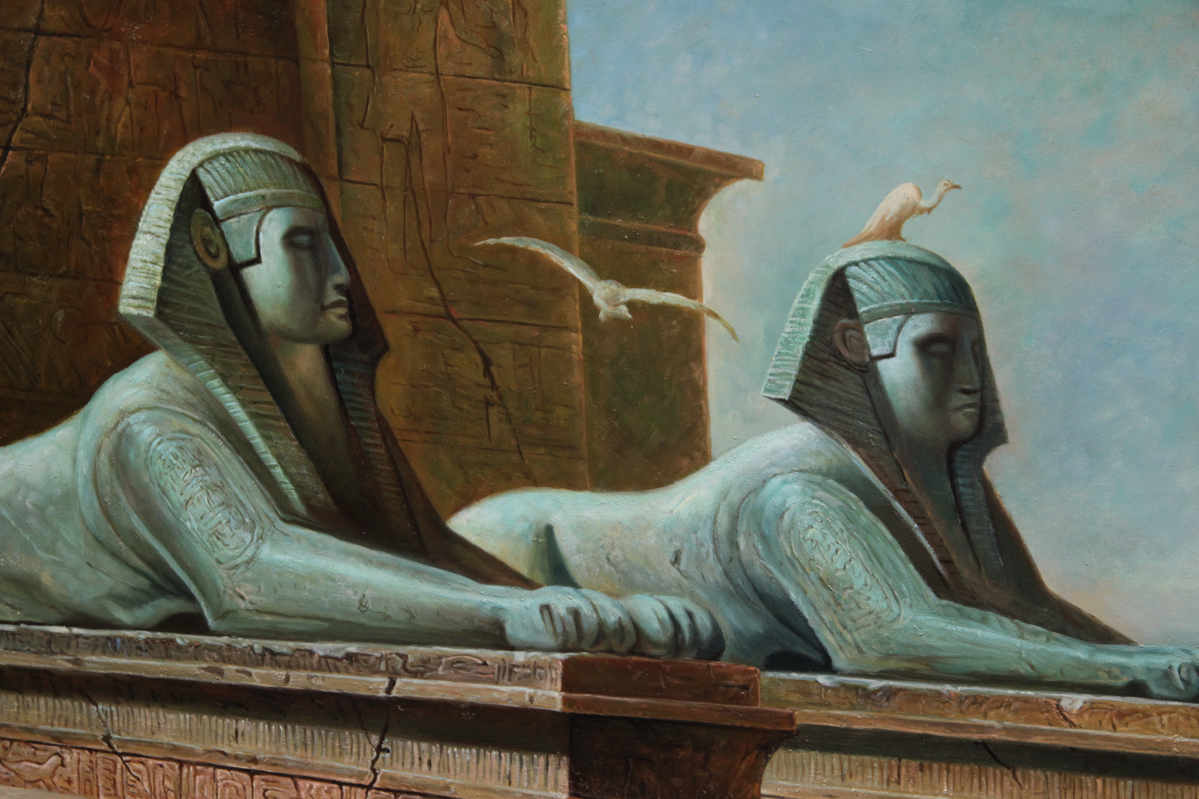 R. Grant Oil Painting of Egyptian Desert Landscape with Sphinxes and Lions