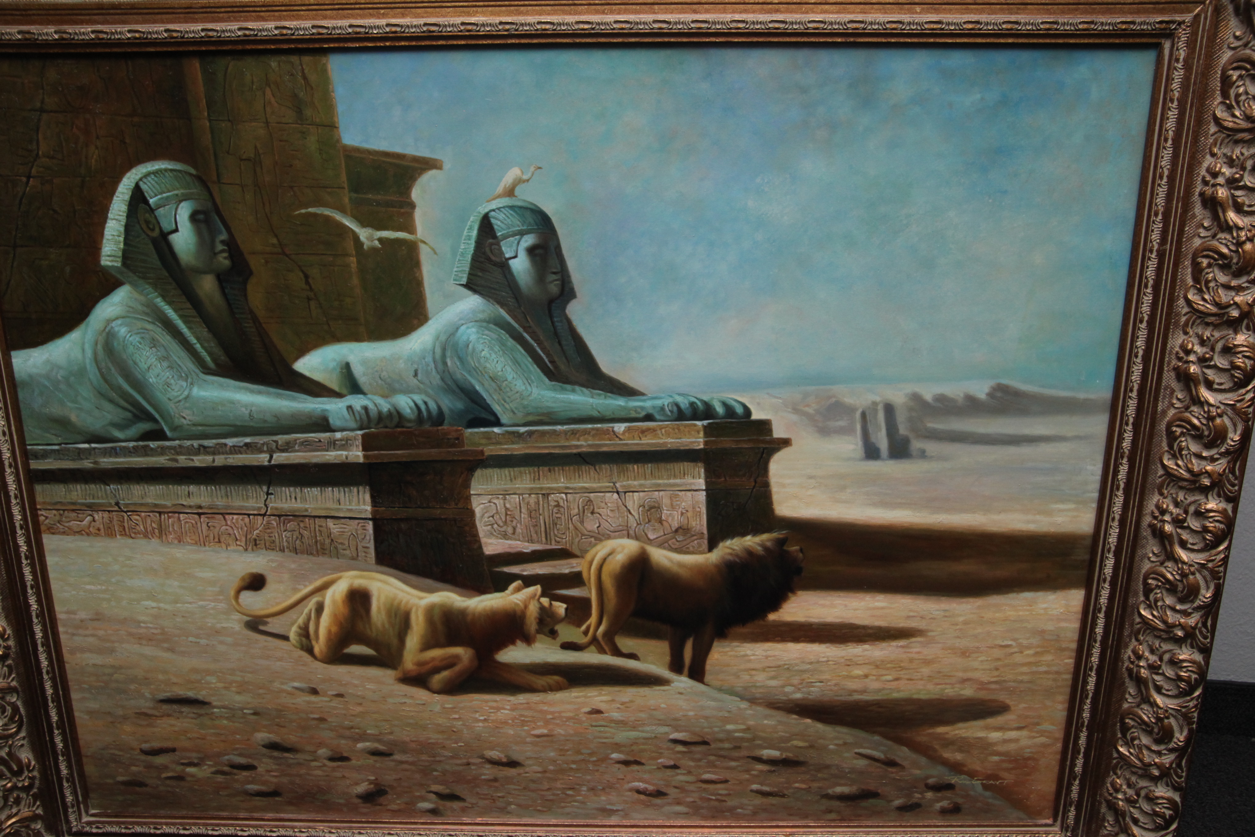 R. Grant Oil Painting of Egyptian Desert Landscape with Sphinxes and Lions