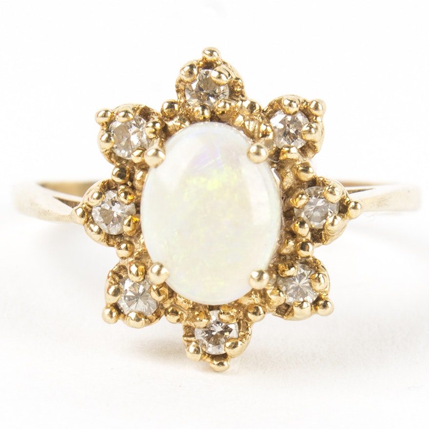 14K Yellow Gold Opal and Diamond Ring