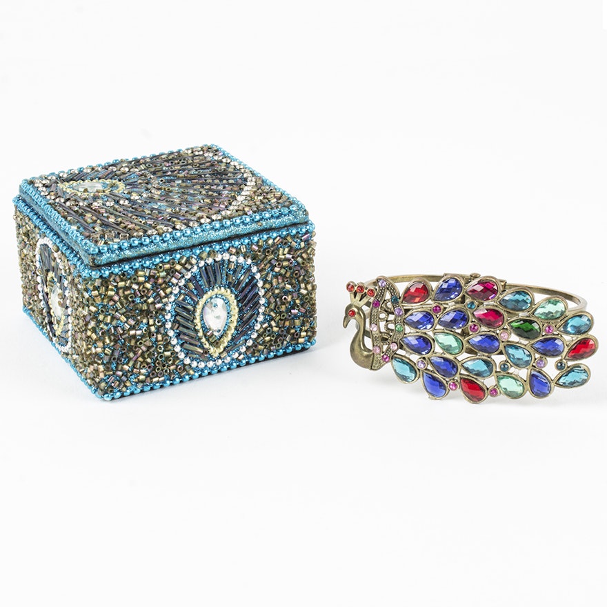 Jeweled Peacock Bangle and Trinket Box