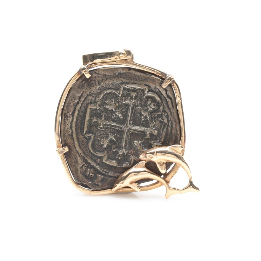 14K Yellow Gold and 850 Silver Colonial Spanish Cob Replica Coin Pendant