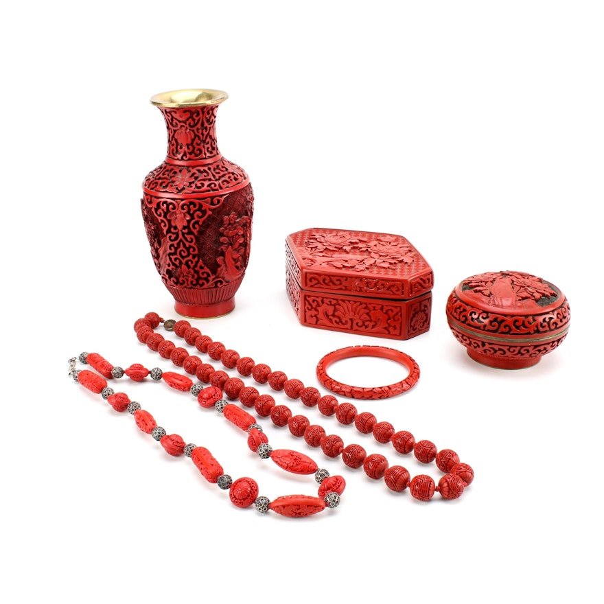 Chinese Cinnabar Style Decor and Jewelry