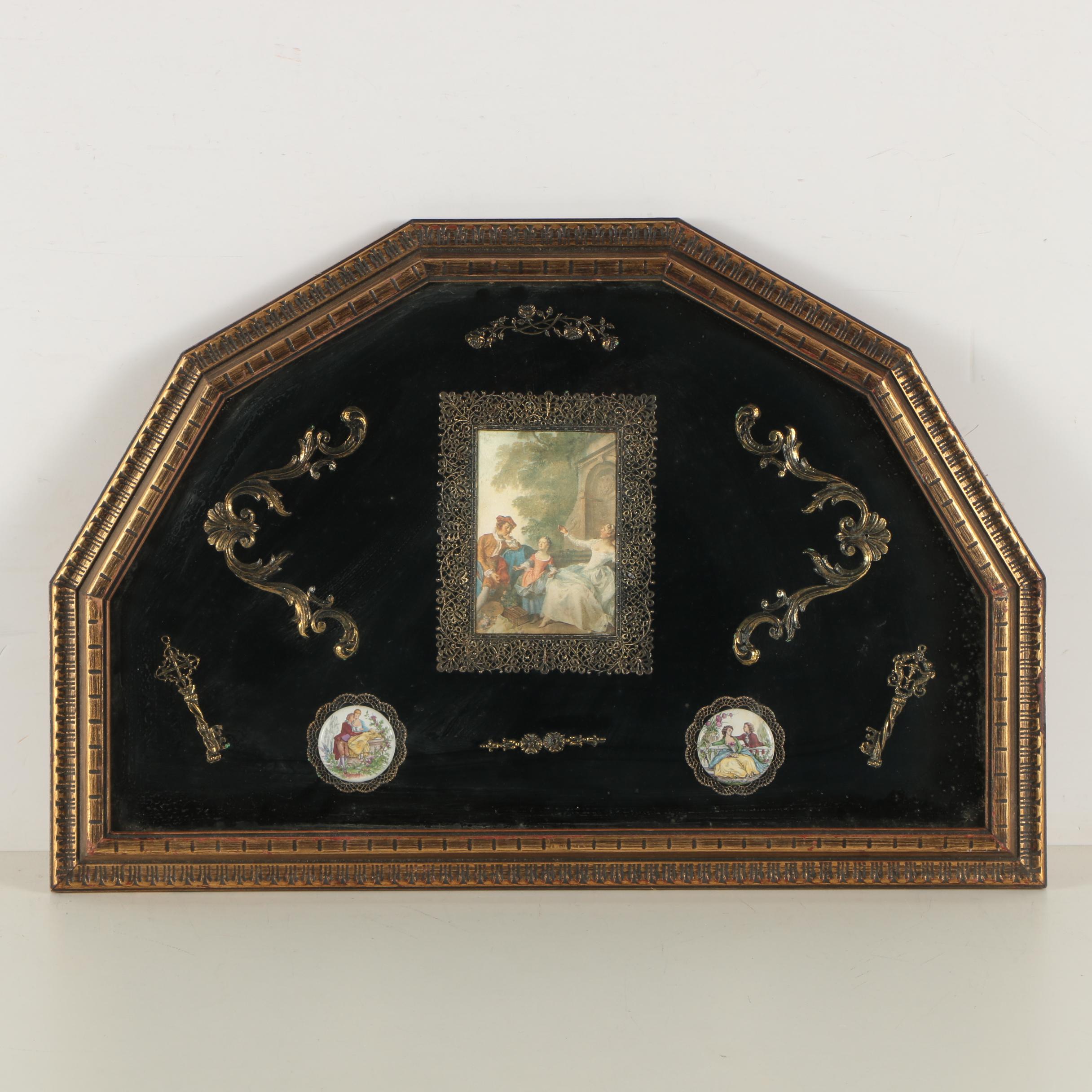 Late 20th-Century Mixed Media Wall Hanging with Offset Lithograph Genre Scenes