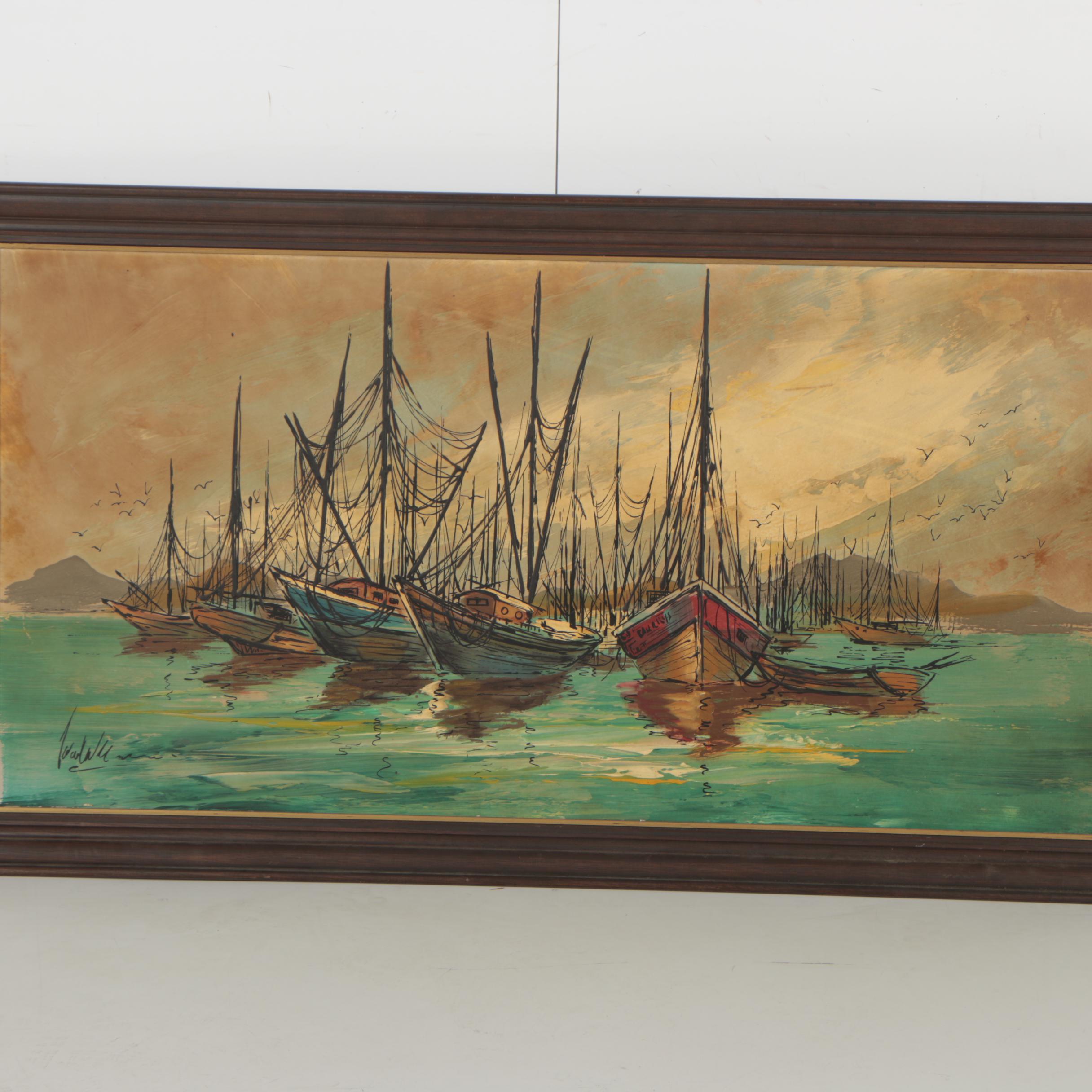 Mid Century Oil Painting of Boats in a Harbor
