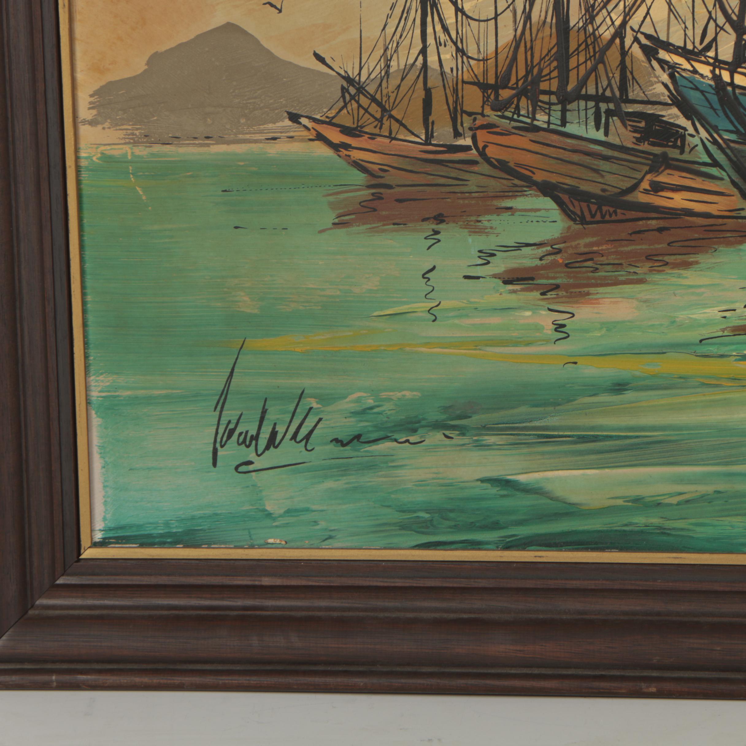 Mid Century Oil Painting of Boats in a Harbor
