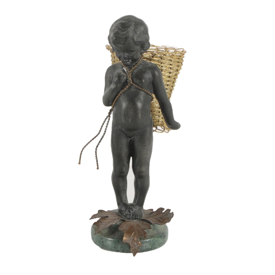 Cast Metal Sculpture of Child with Basket