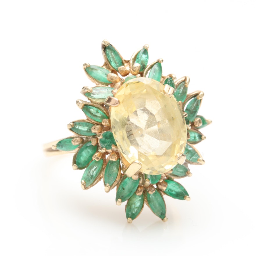 14K Yellow Gold 4.23 CT Yellow Sapphire and Emerald Ring