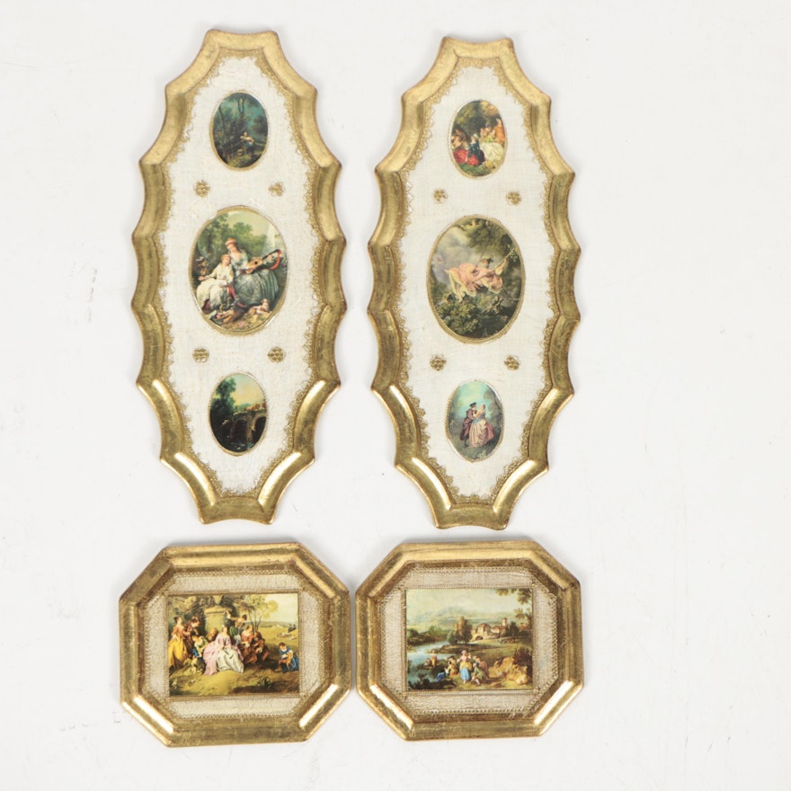 Mid Century Prints After 18th Century Genre Scenes in Decorative Frames