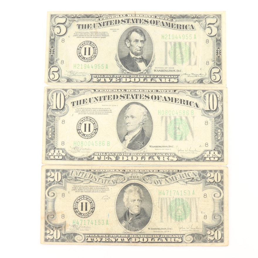 Group of Three 1934 U.S. Federal Reserve Notes Including $5, $10, and $20 Notes