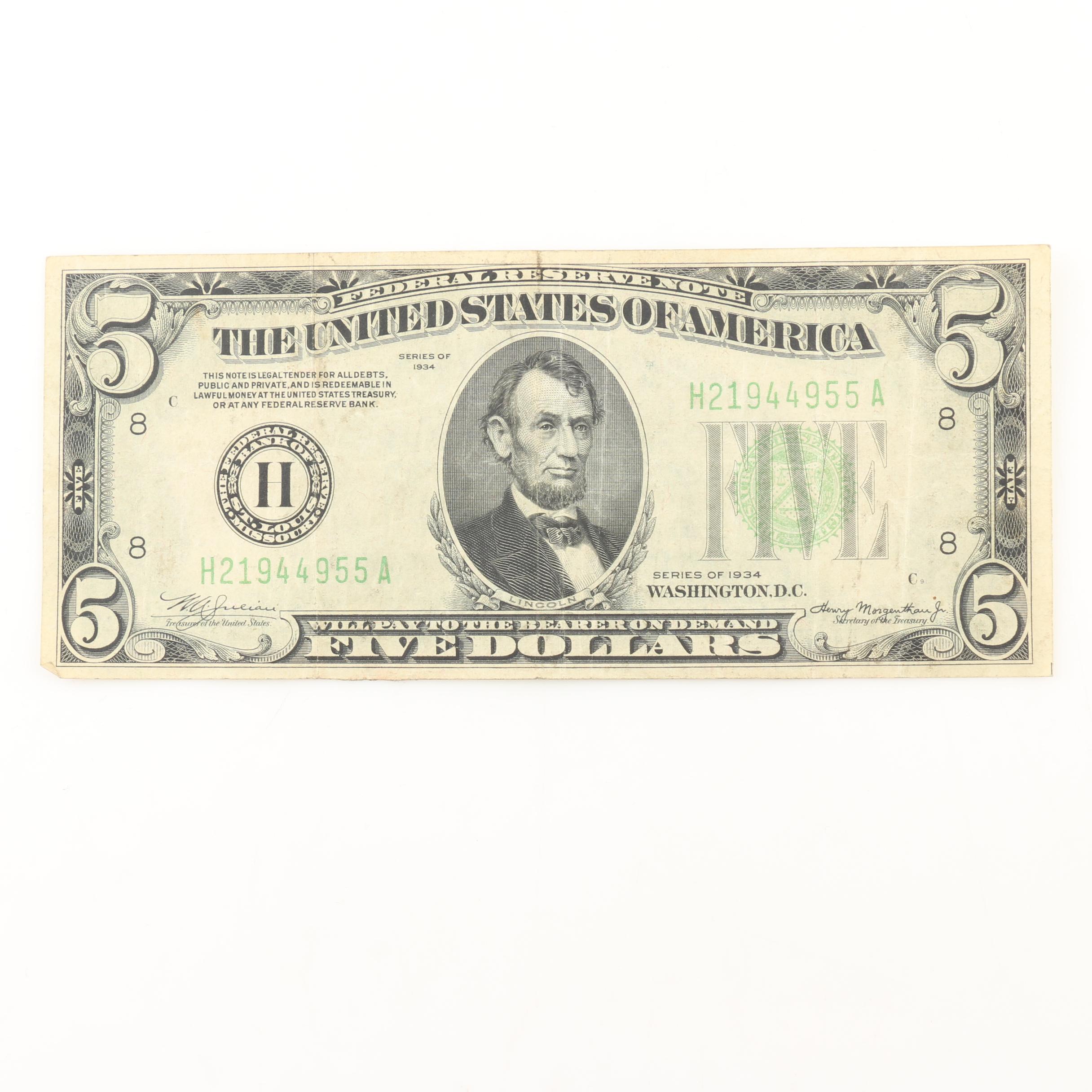 Group of Three 1934 U.S. Federal Reserve Notes Including $5, $10, and $20 Notes