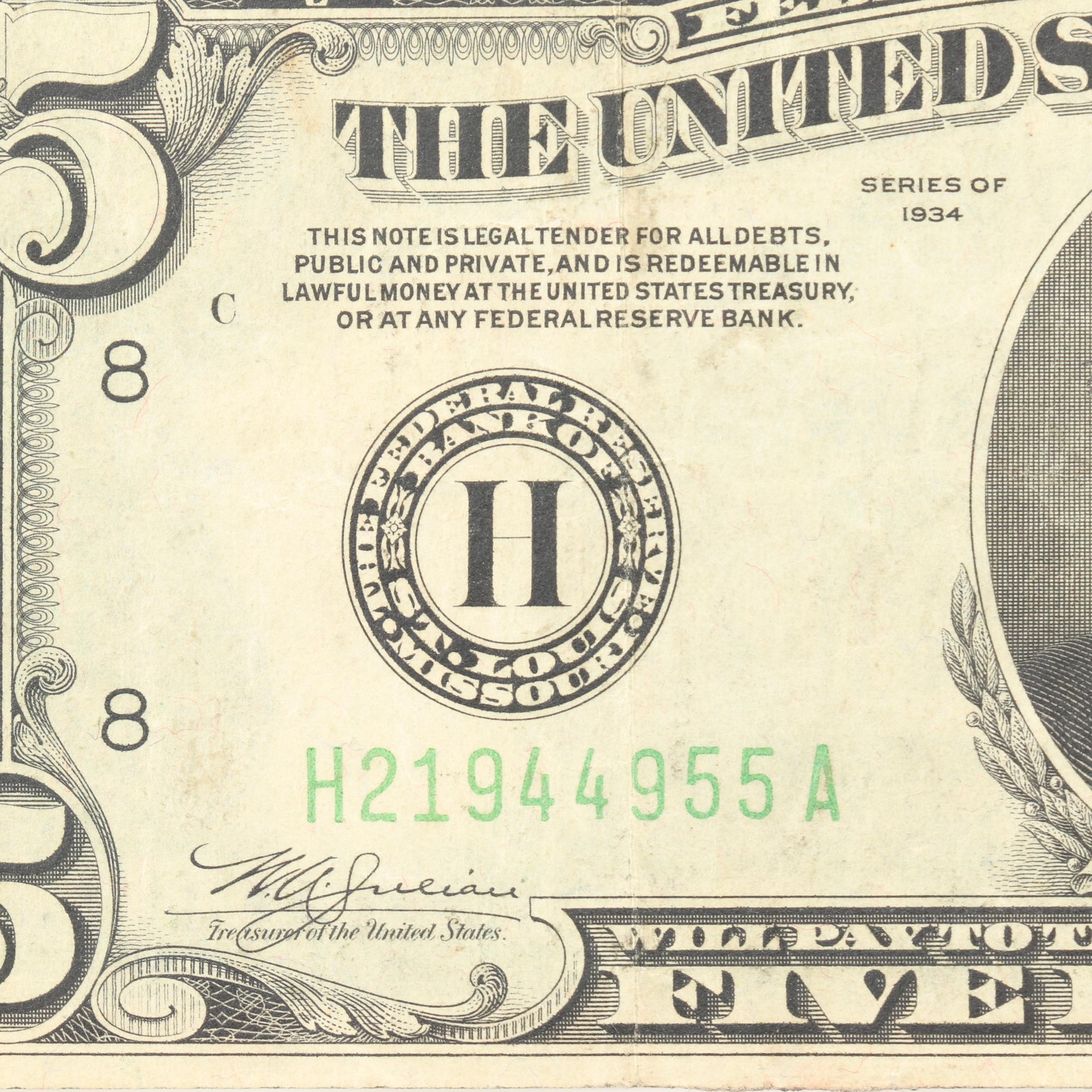 Group of Three 1934 U.S. Federal Reserve Notes Including $5, $10, and $20 Notes