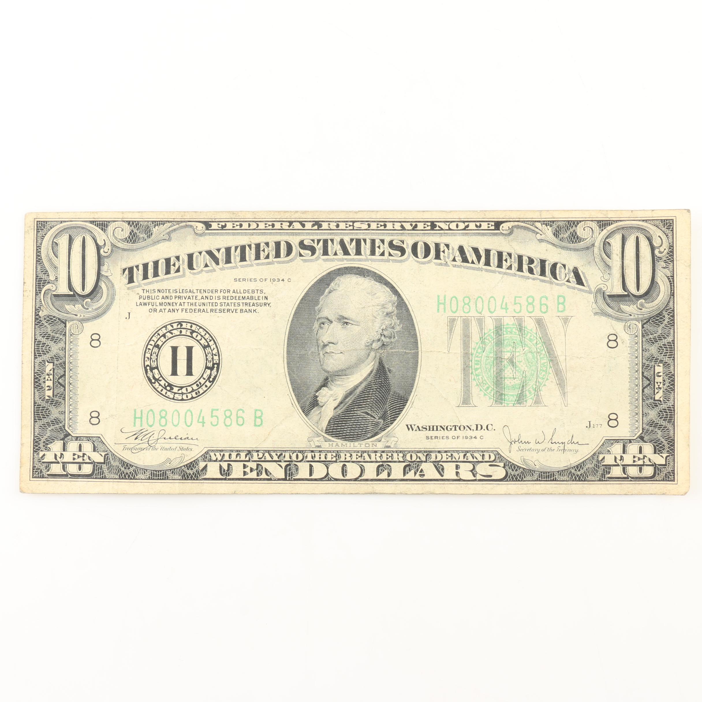 Group of Three 1934 U.S. Federal Reserve Notes Including $5, $10, and $20 Notes