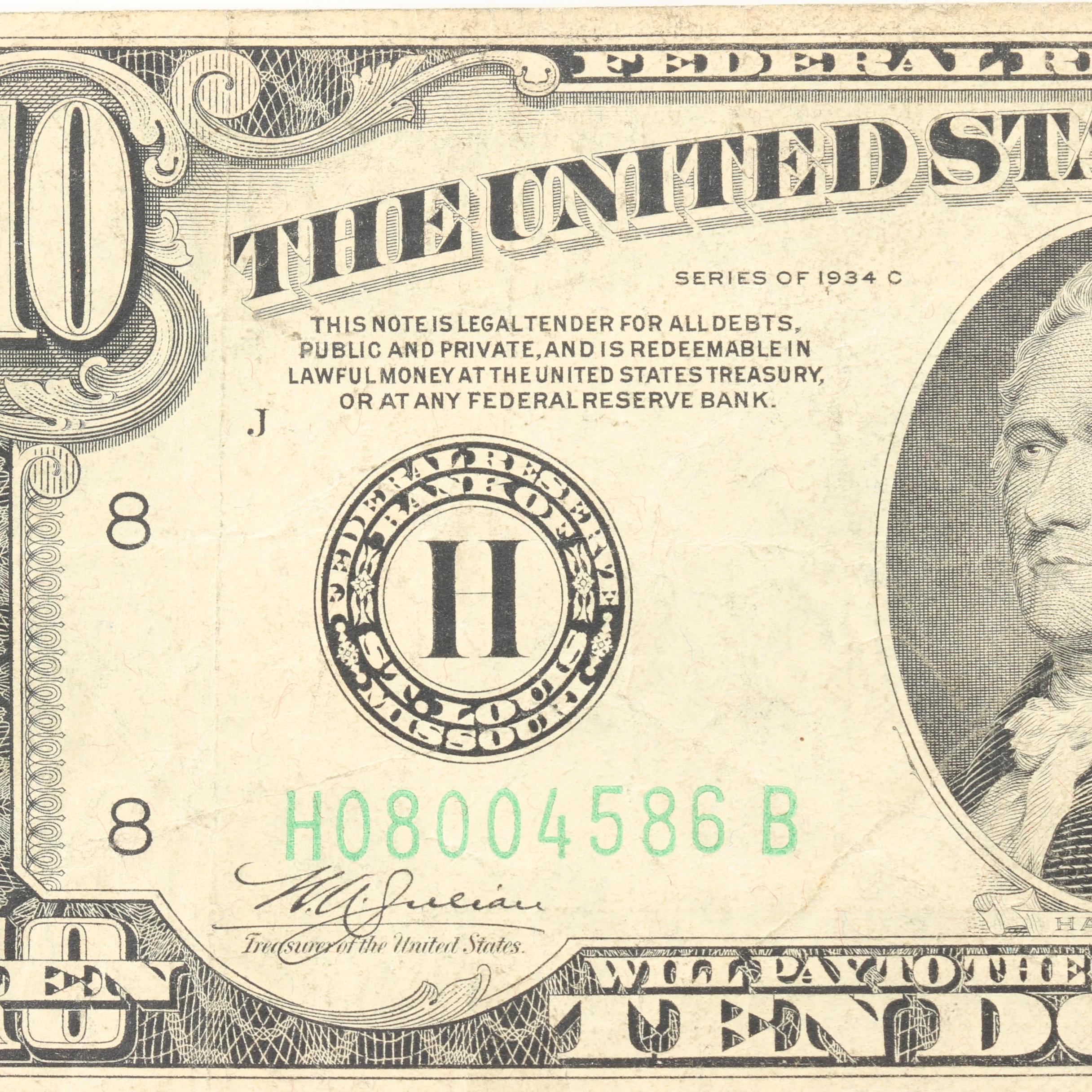 Group of Three 1934 U.S. Federal Reserve Notes Including $5, $10, and $20 Notes