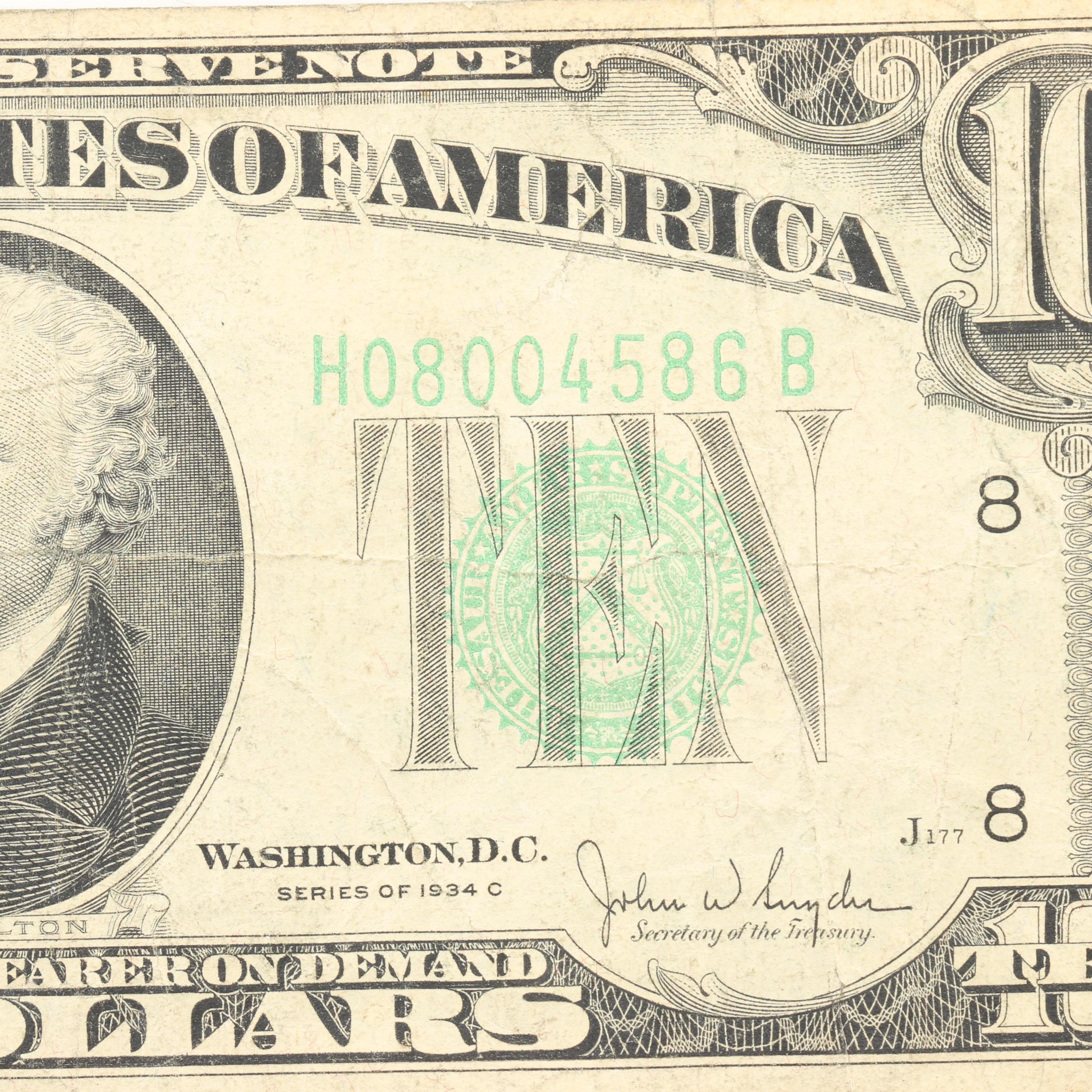 Group of Three 1934 U.S. Federal Reserve Notes Including $5, $10, and $20 Notes