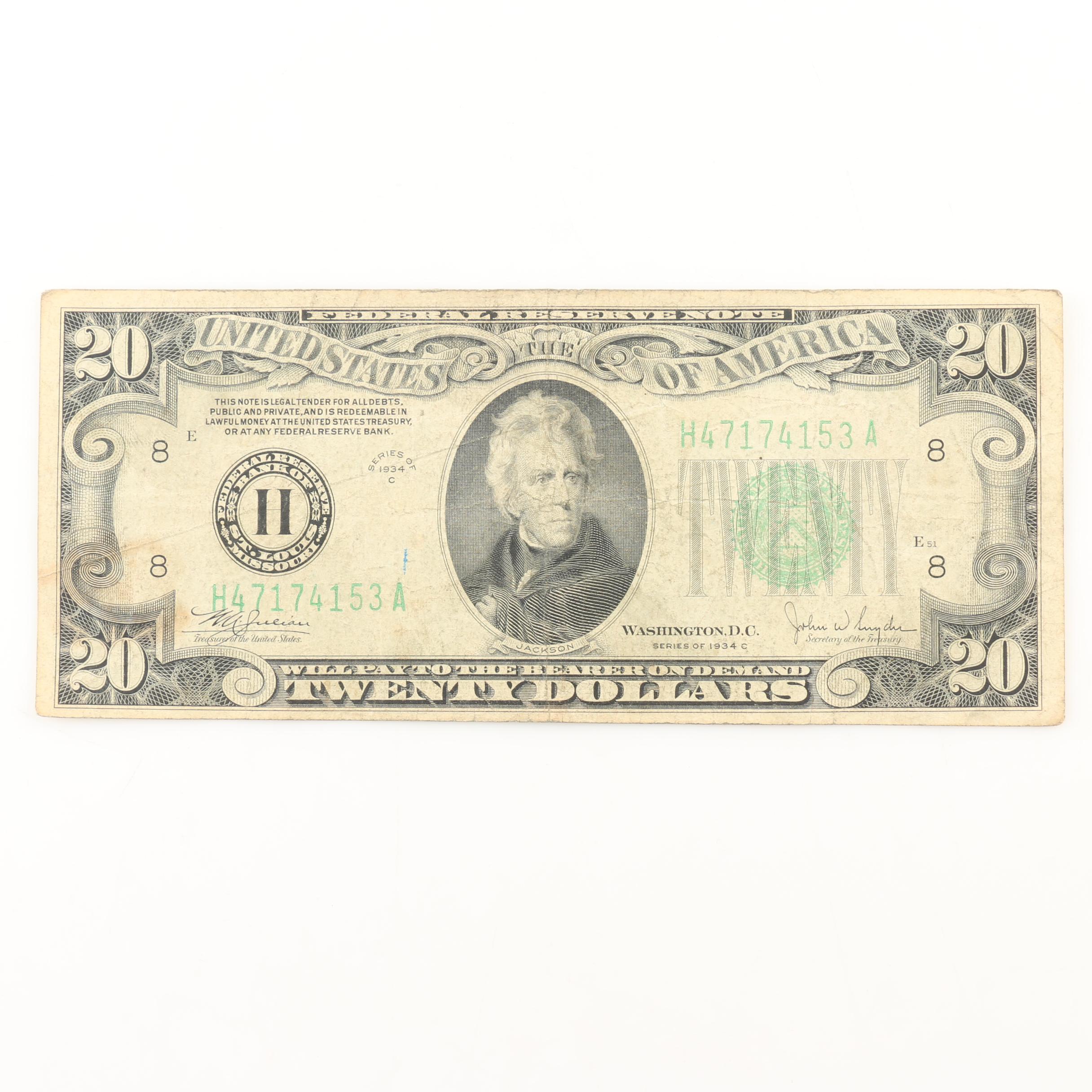 Group of Three 1934 U.S. Federal Reserve Notes Including $5, $10, and $20 Notes