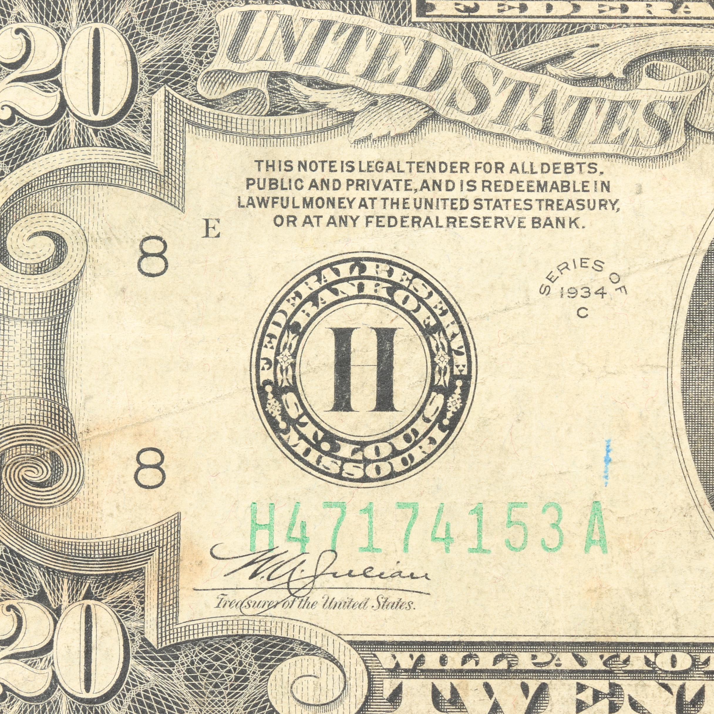 Group of Three 1934 U.S. Federal Reserve Notes Including $5, $10, and $20 Notes