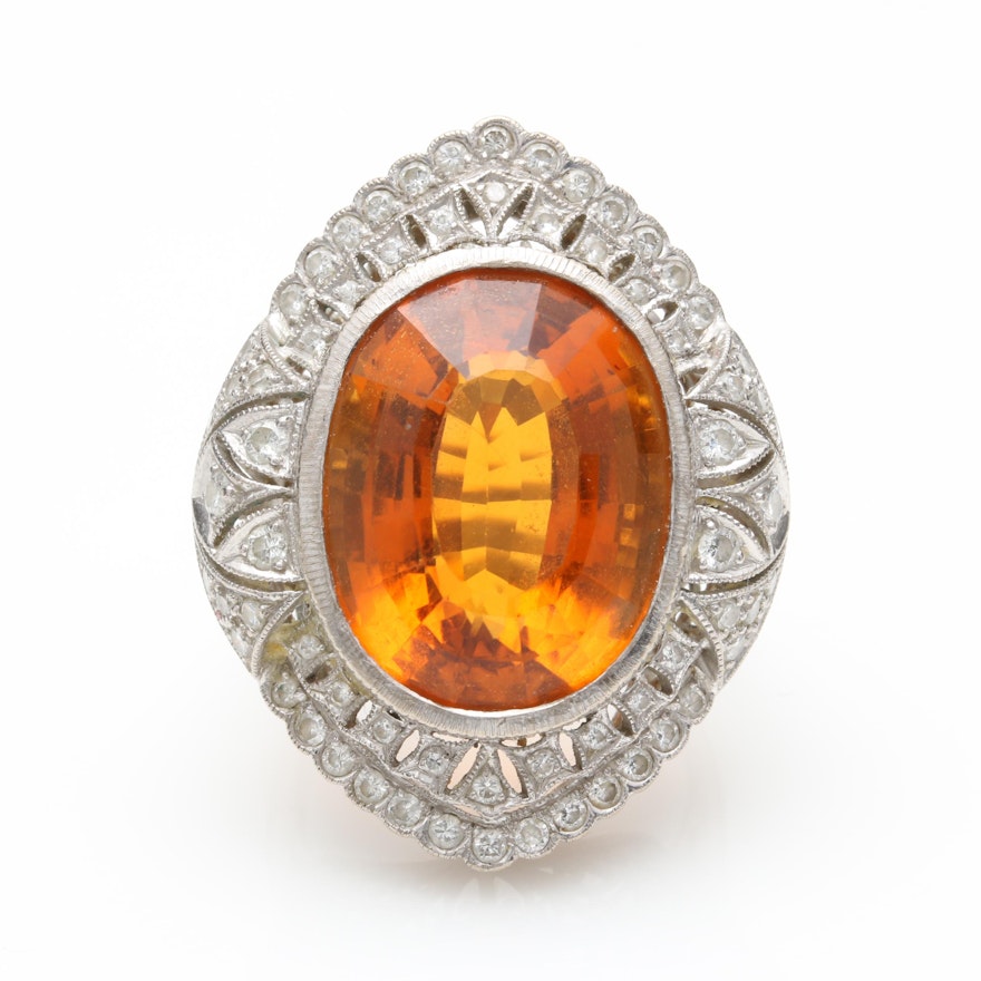 18K White Gold 18.00 CT Citrine and Diamond Ring