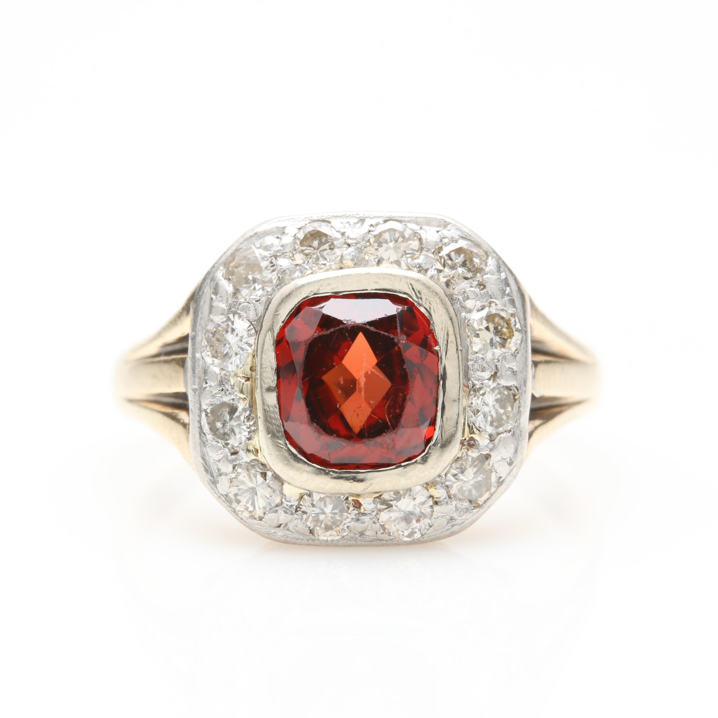 14K Yellow Gold and Platinum Garnet and Diamond Ring