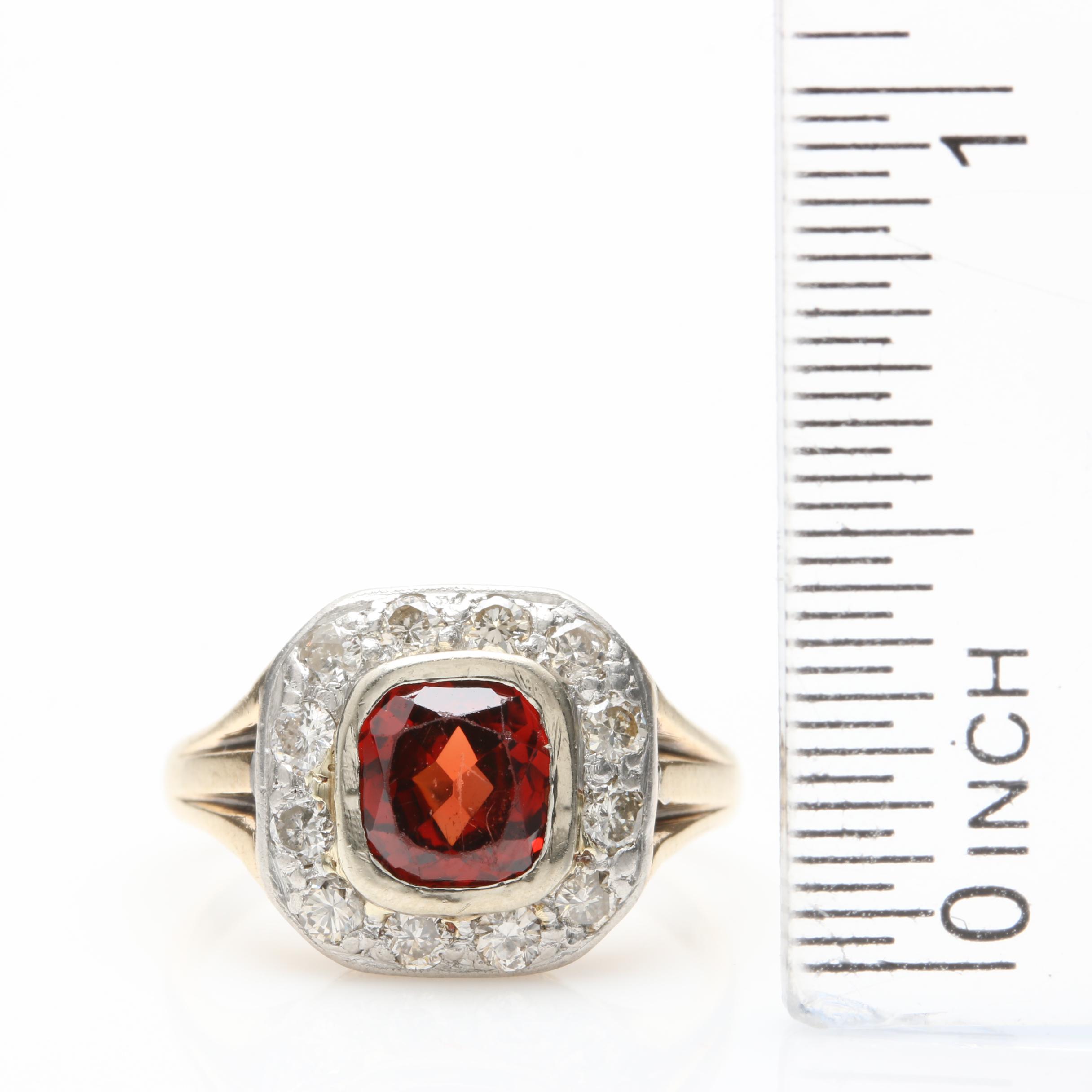 14K Yellow Gold and Platinum Garnet and Diamond Ring