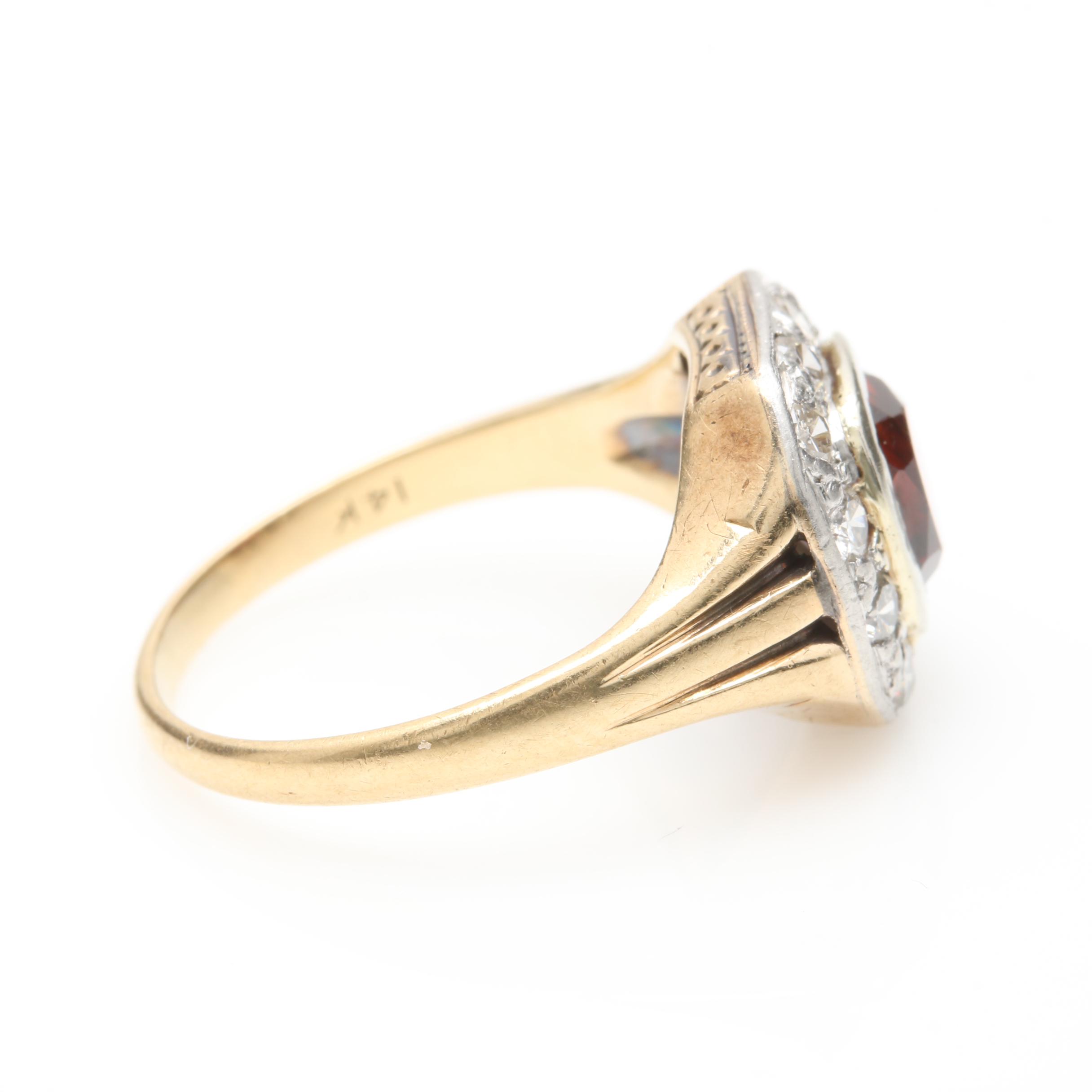 14K Yellow Gold and Platinum Garnet and Diamond Ring