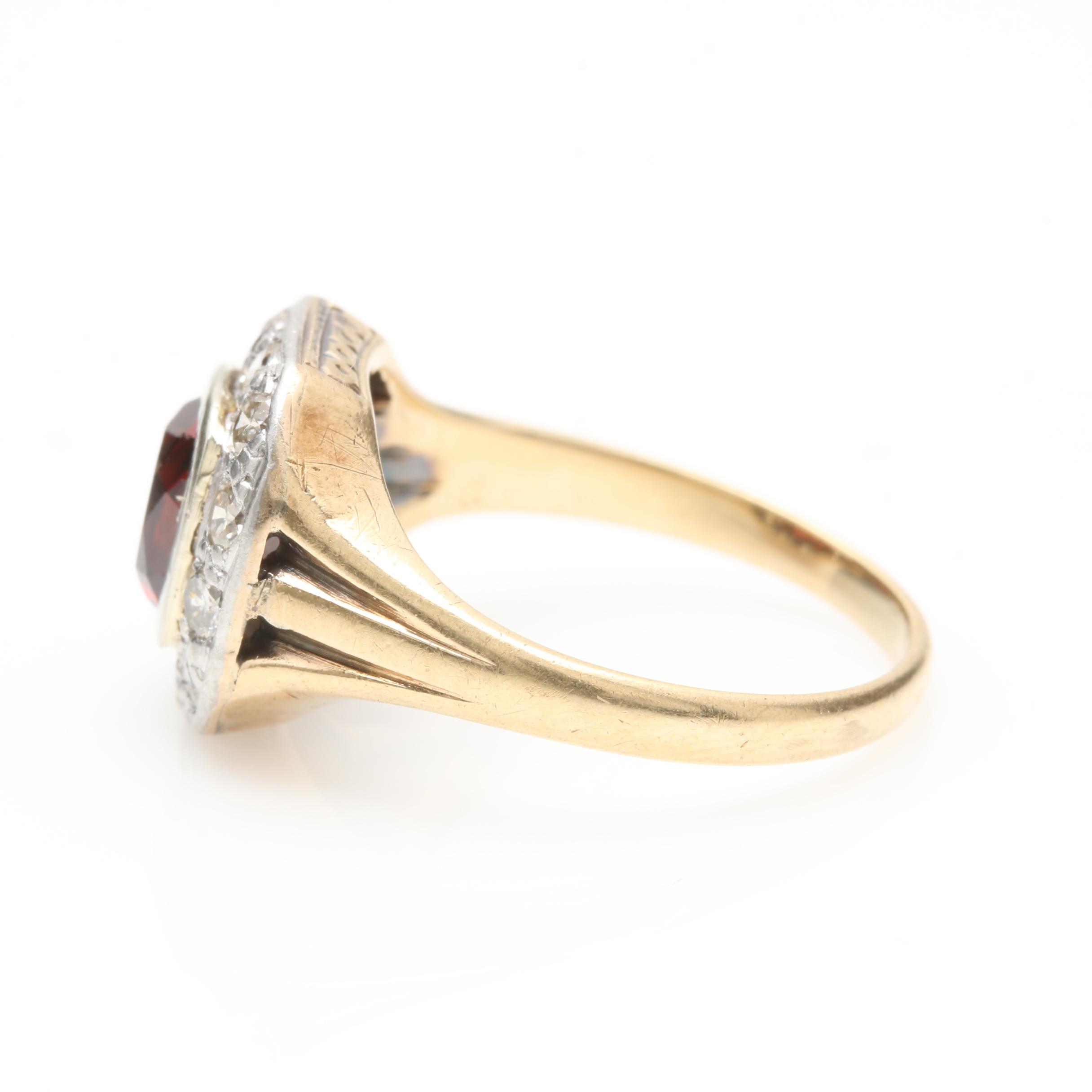 14K Yellow Gold and Platinum Garnet and Diamond Ring