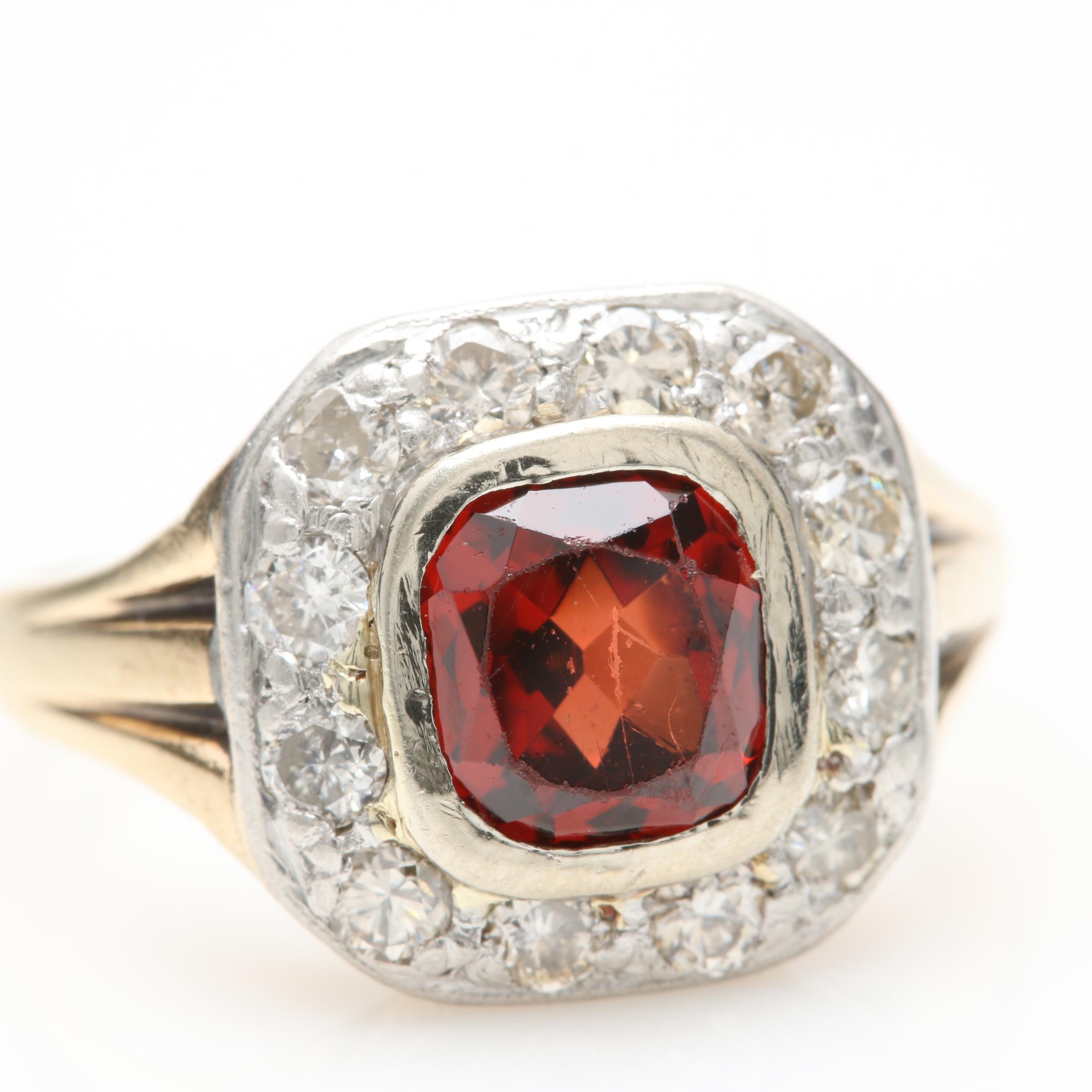 14K Yellow Gold and Platinum Garnet and Diamond Ring