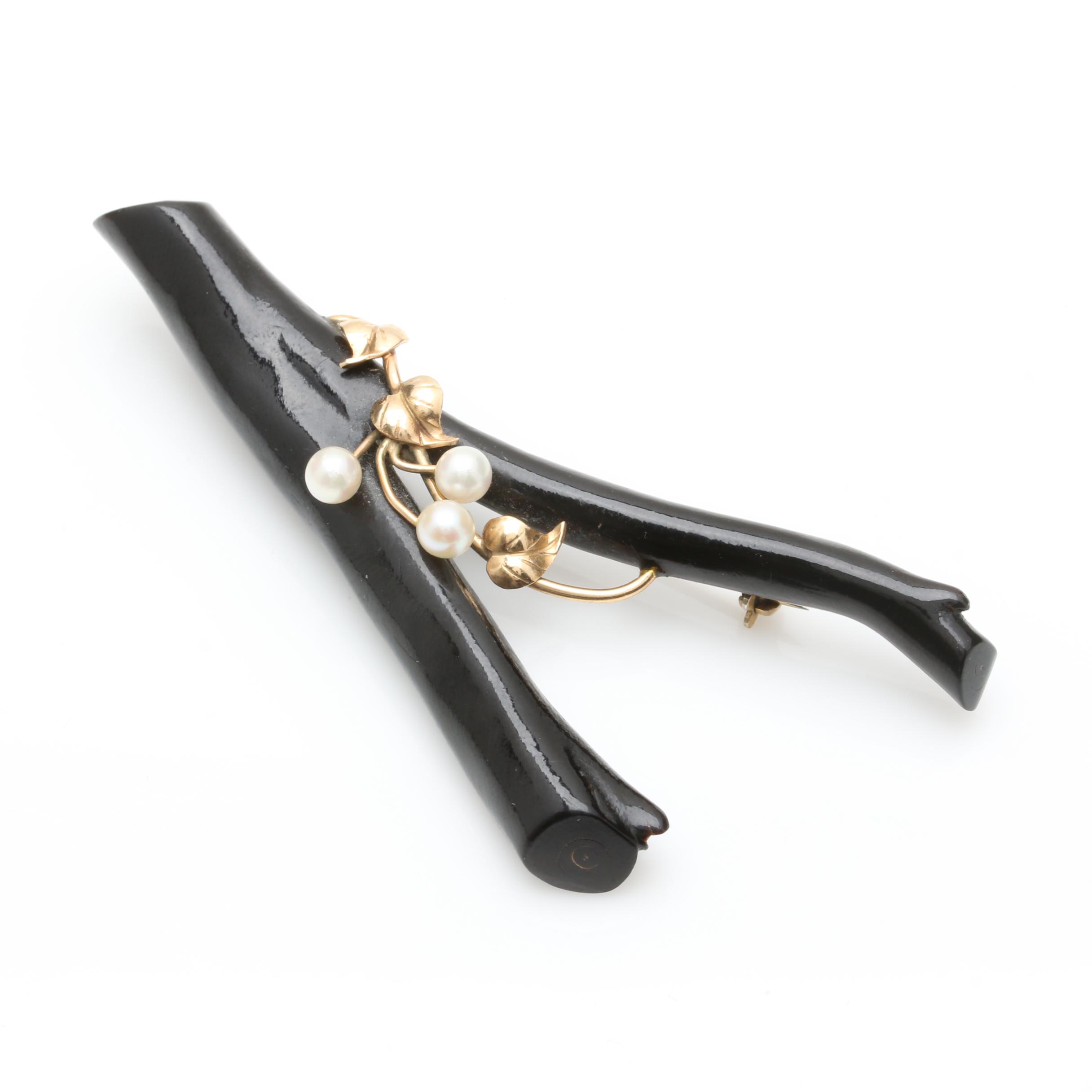 14K Yellow Gold Cultured Pearl and Black Coral Brooch