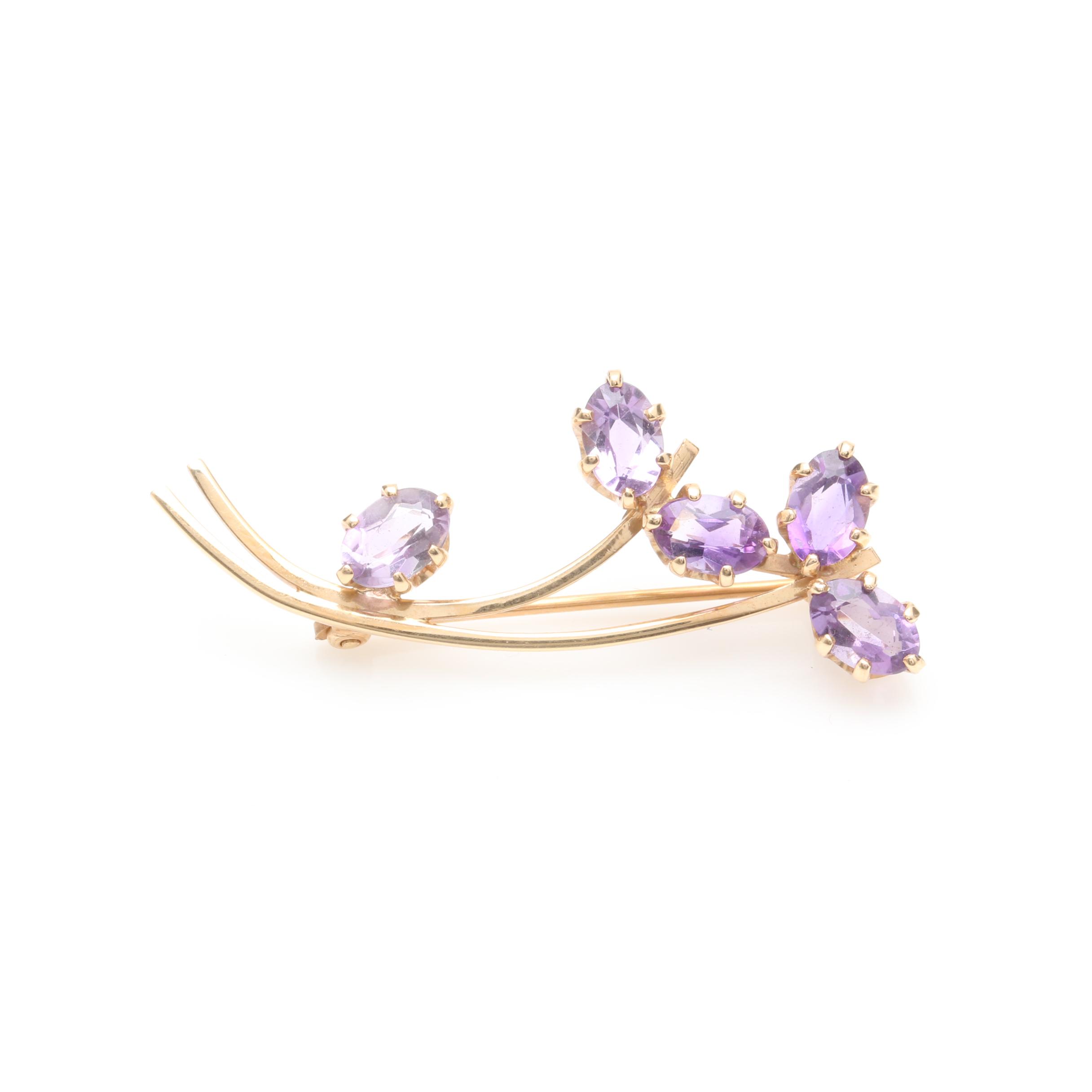 14K Yellow Gold Amethyst Brooch