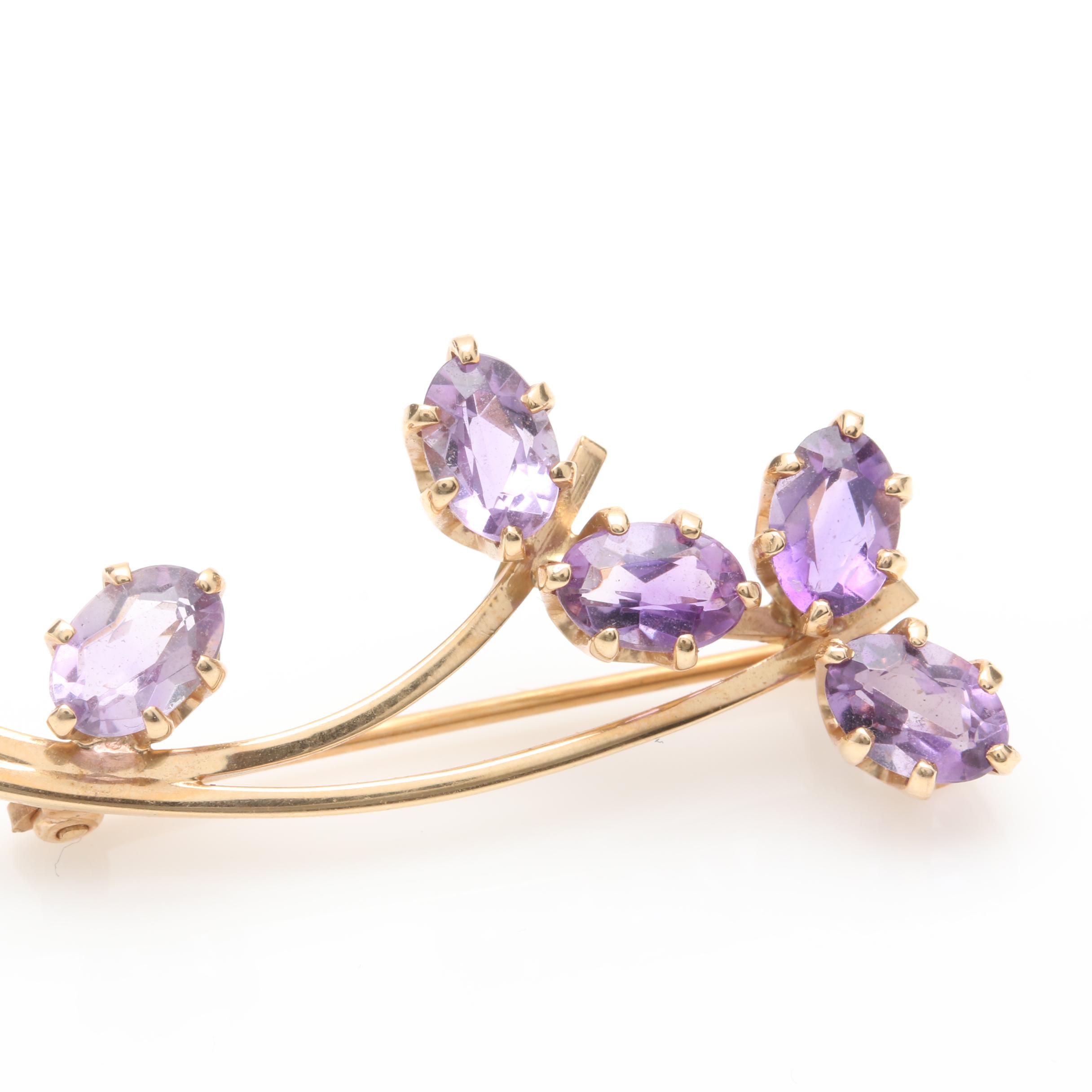14K Yellow Gold Amethyst Brooch