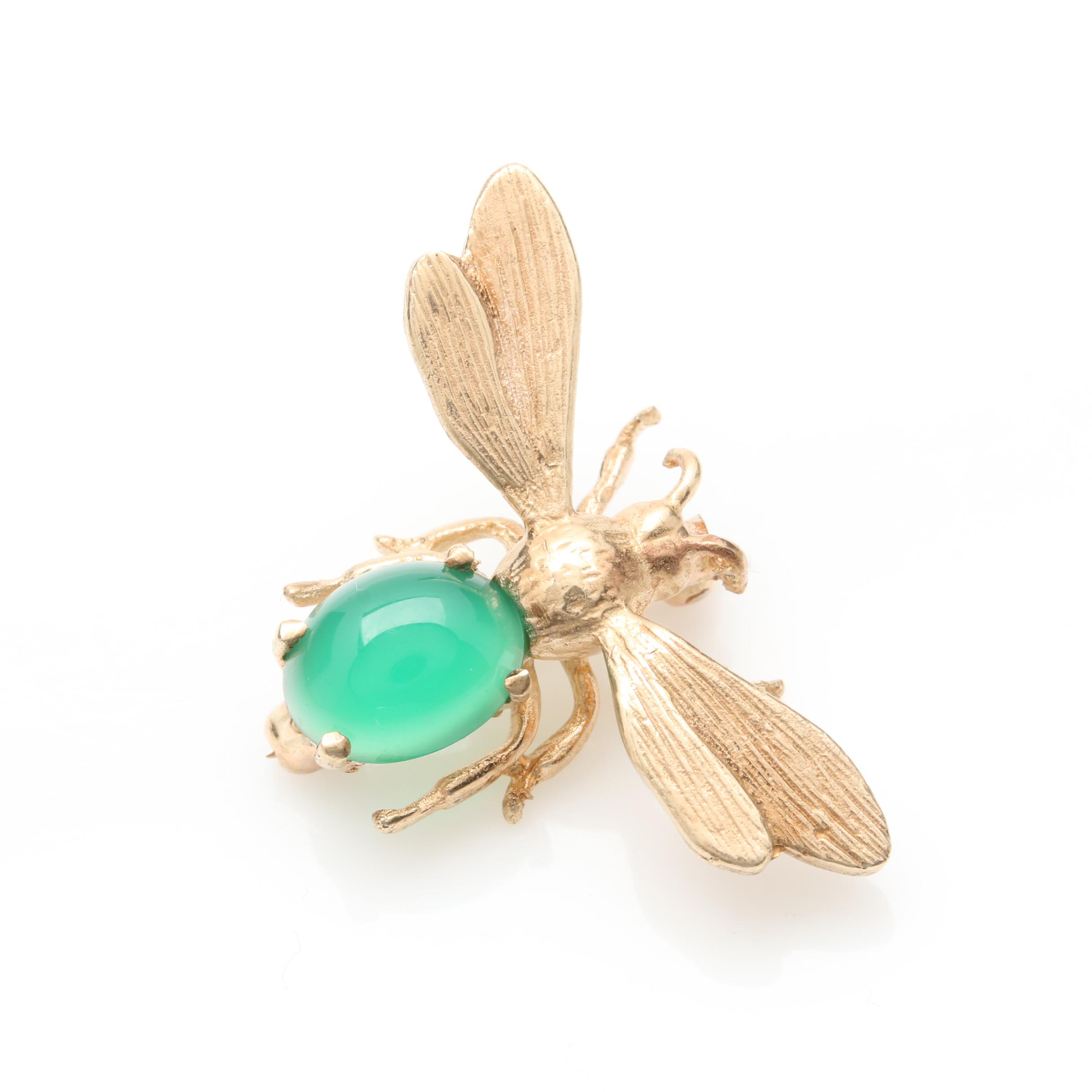 10K and 14K Yellow Gold Dyed Green Chalcedony Insect Brooch