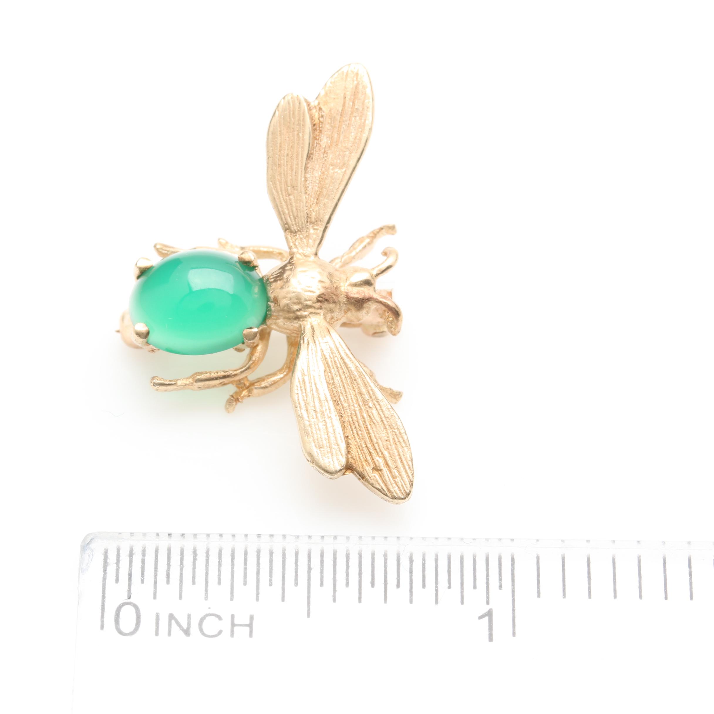 10K and 14K Yellow Gold Dyed Green Chalcedony Insect Brooch