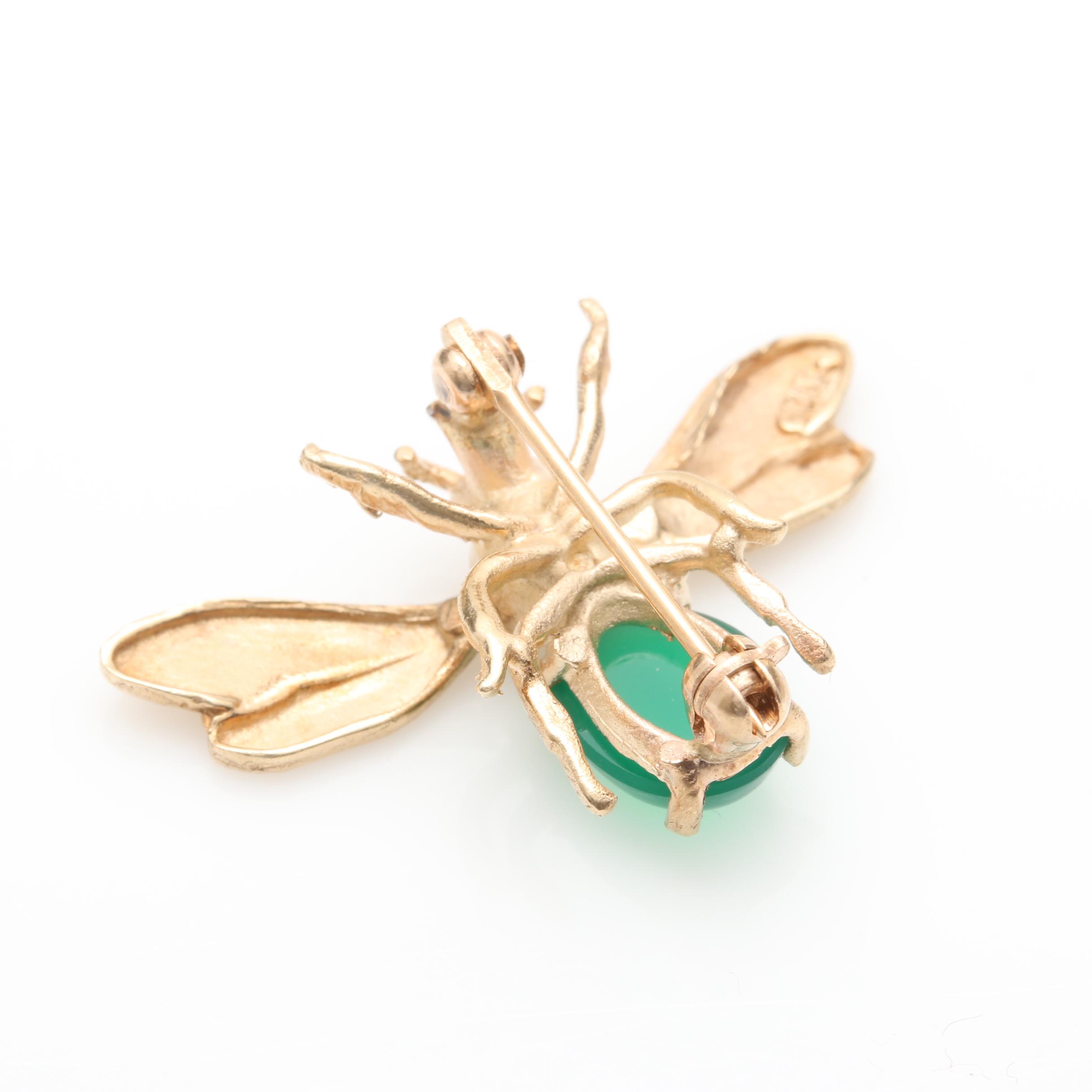 10K and 14K Yellow Gold Dyed Green Chalcedony Insect Brooch