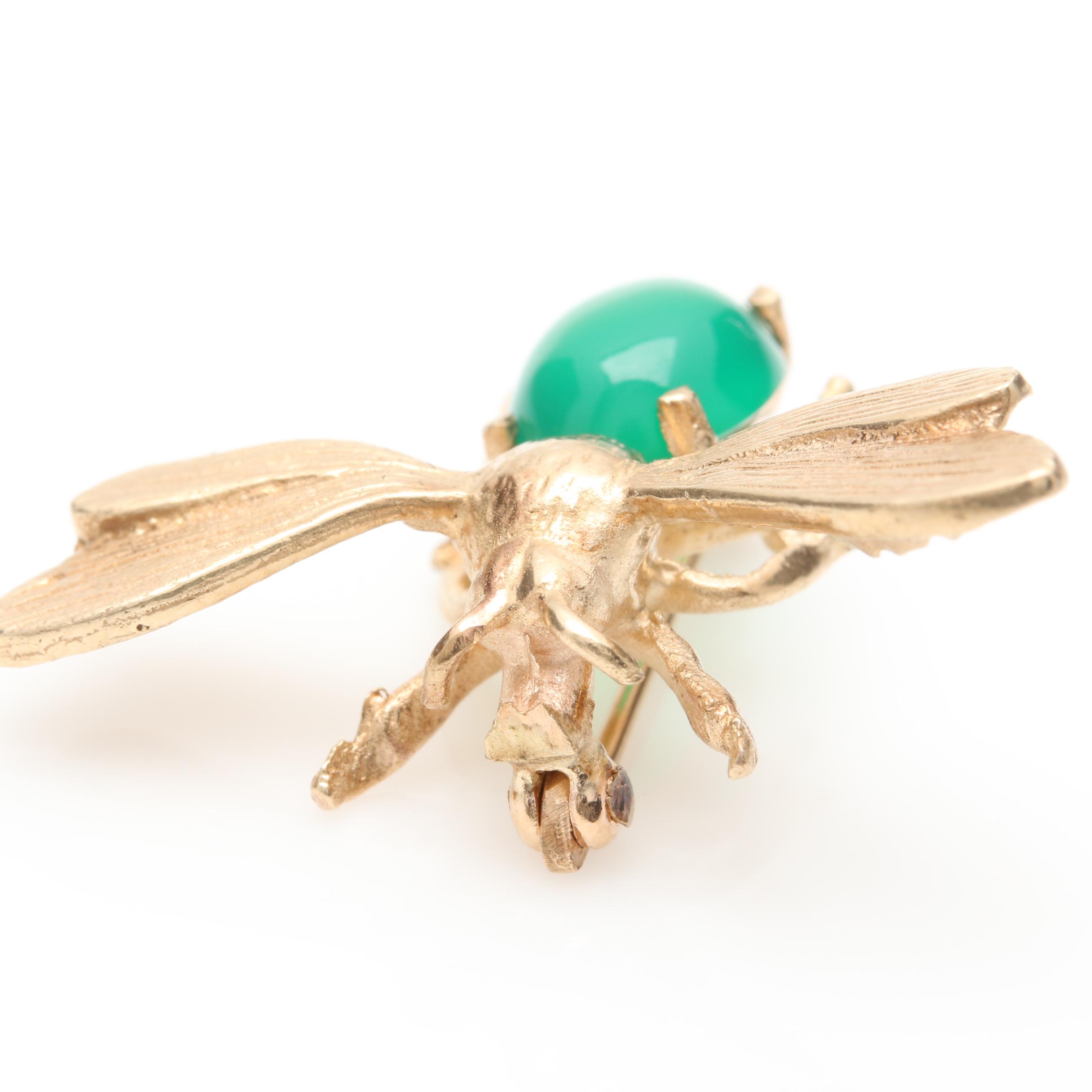 10K and 14K Yellow Gold Dyed Green Chalcedony Insect Brooch